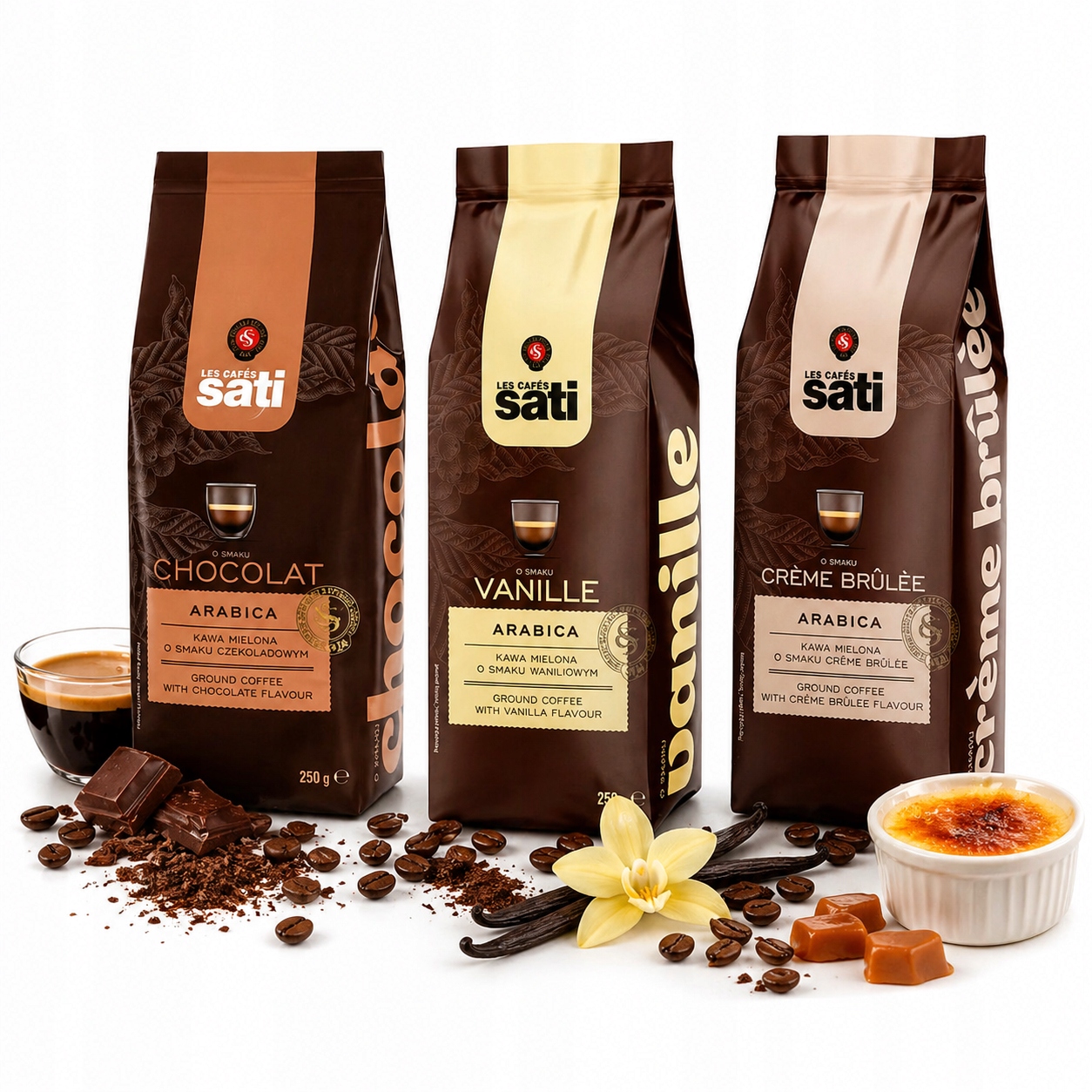 Káva Chutná Sati Mletá Vanilka Čokoláda Creme Brulee 250 g 100% Arabica