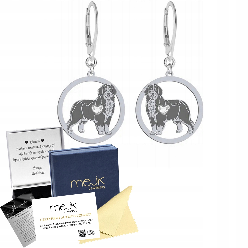 Stříbrné Náušnice se psem Bernský salašnický pes 925 Žena Gravírování Bonus