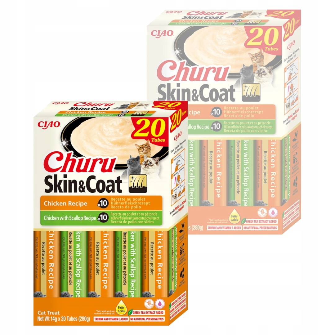 Levně Inaba Cat Churu Skin&Coat Chicken 40x14g Pamlsek Pro Kočky Kuřecí směs