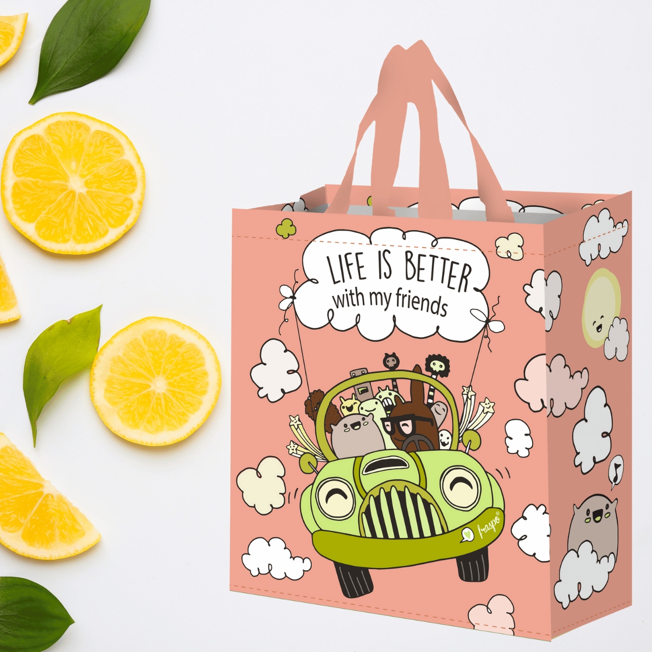 Torba na zakupy torebka WESOŁY SAMOCHODZIK BRZOSKWINIOWY 30x14x33cm ECO 14L Model BRZOSKWINIOWY