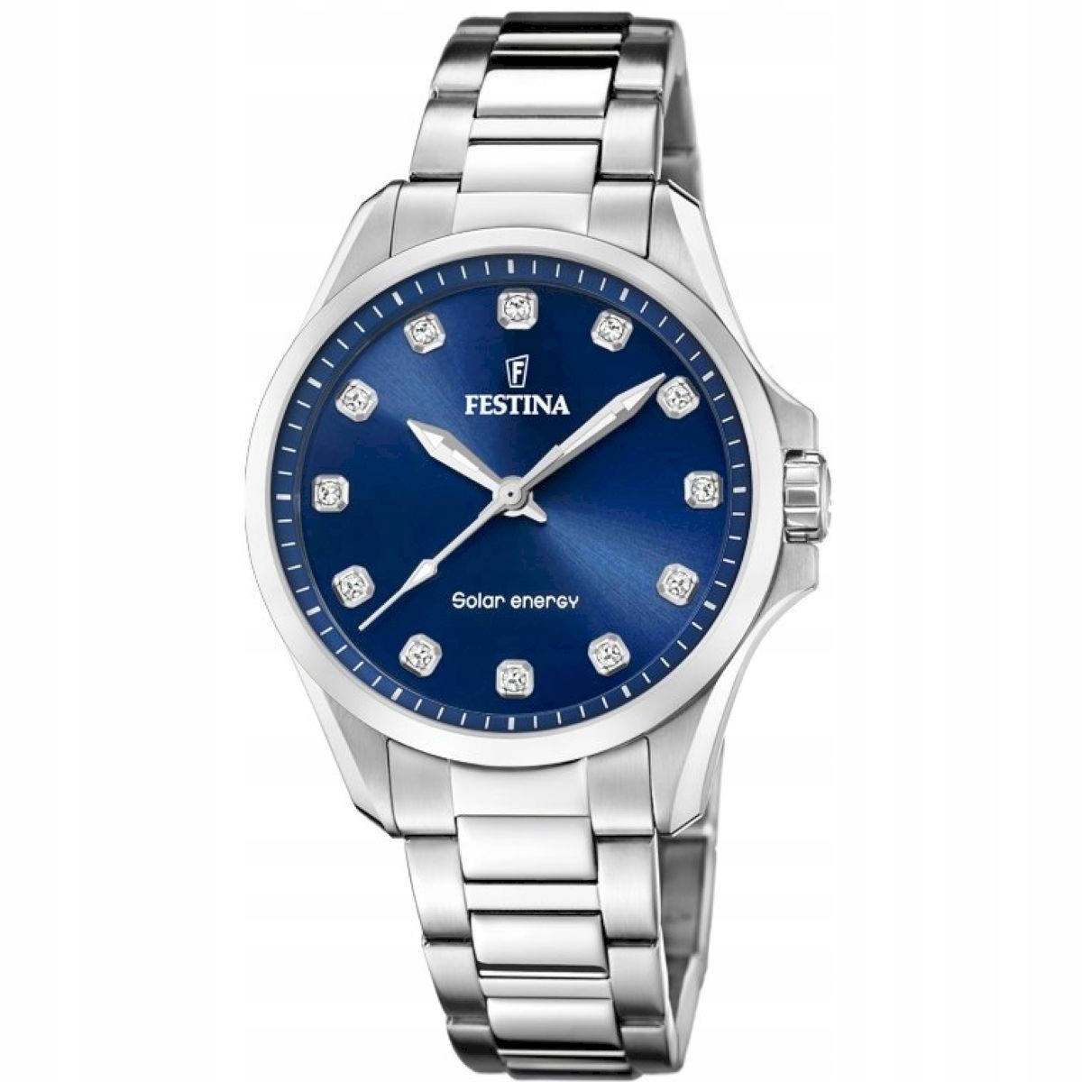 Solární stříbrné dámské hodinky Festina s modrým ciferníkem 20654/4