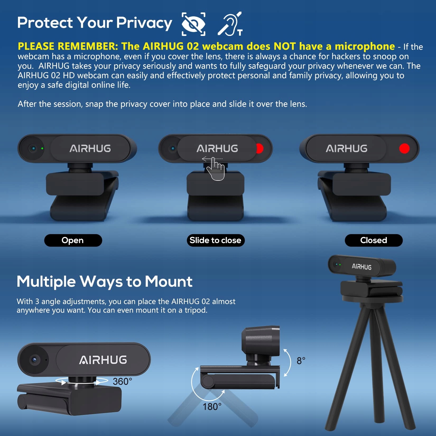 AIRHUG Kamera Internetowa 2K QHD FHD 1080p 360° Plug&Play Windows Mac — miniatura 2