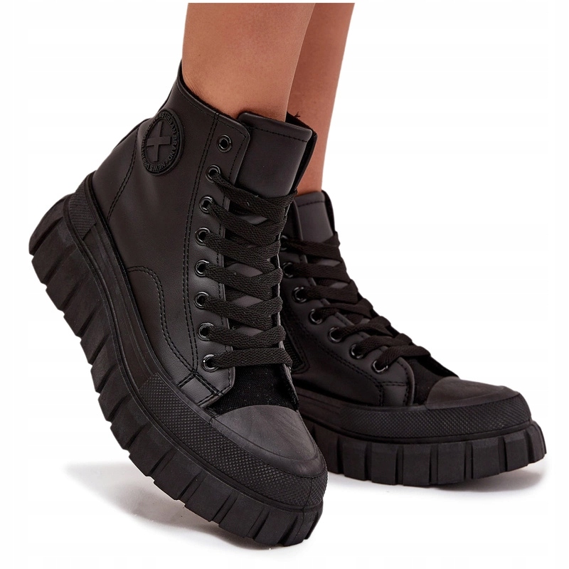 Damskie Trampki Wysokie Ocieplane Na Platformie Zamek Sznurowanie Czarne 40