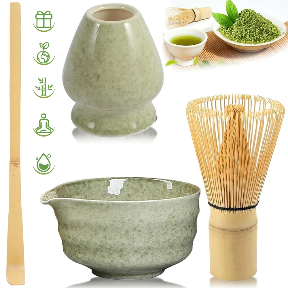 Levně Dárková Sada Čaje Matcha Šálek Metlička Zelená Snadné Čištění