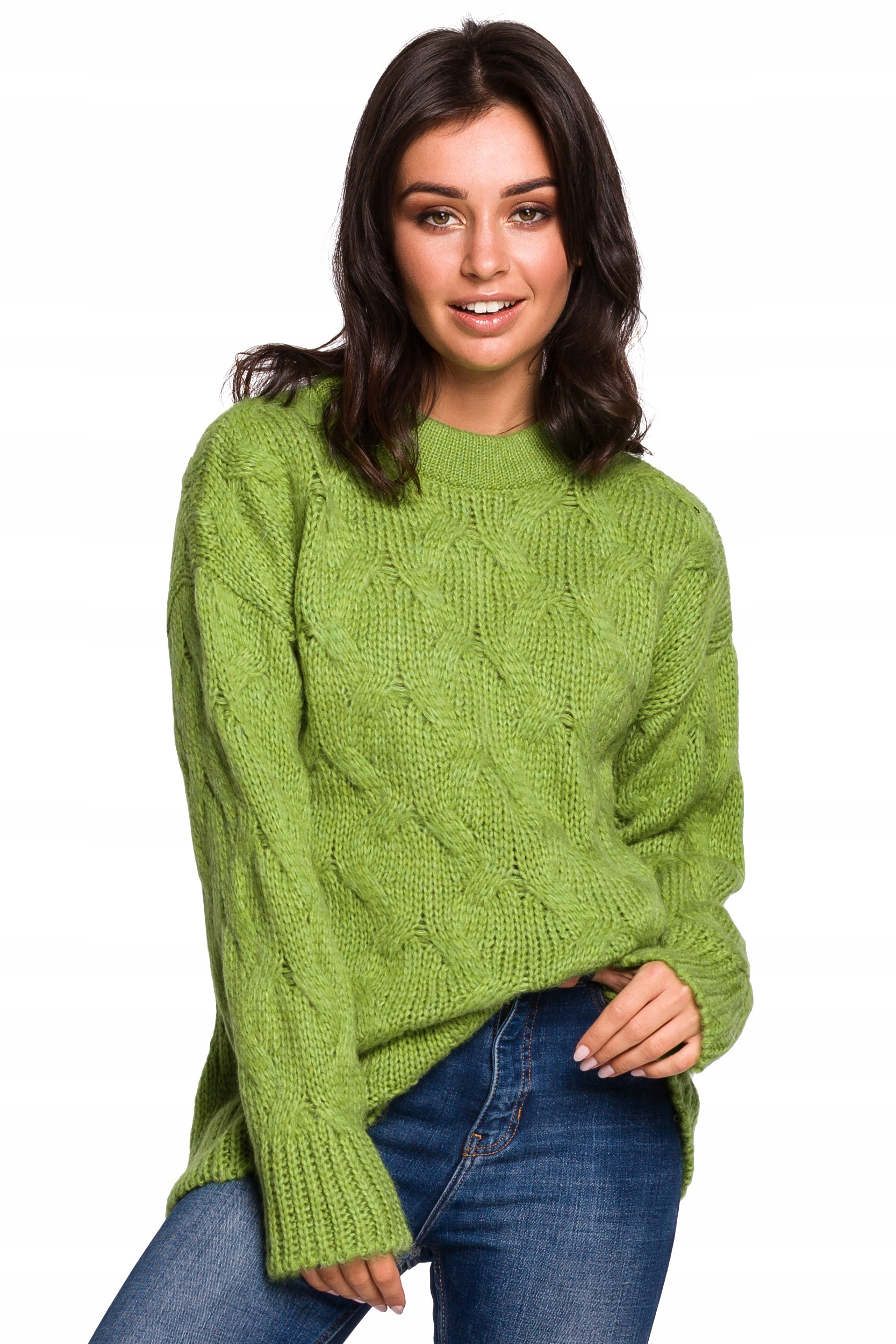

BK038 Sweter ze splotem typu warkocz zielony S/m