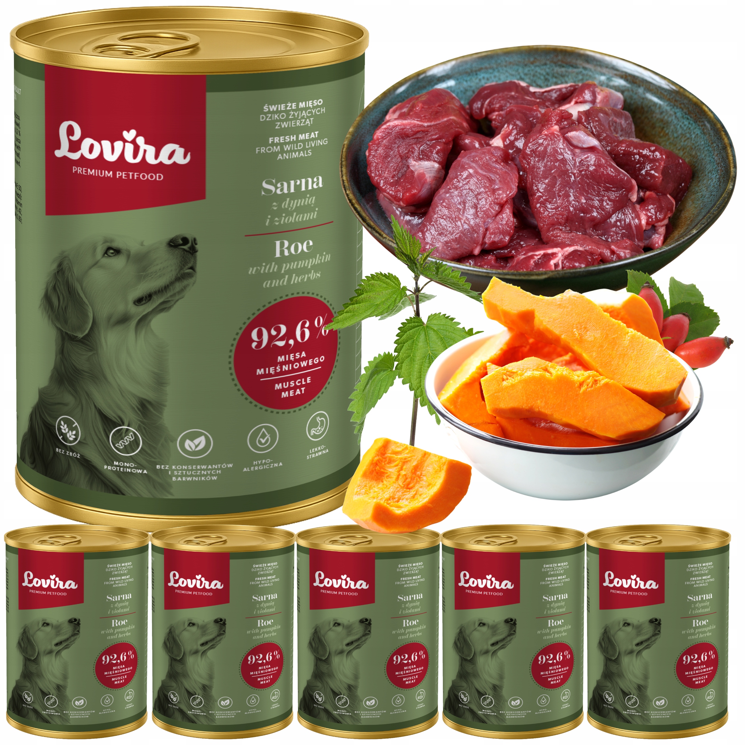Levně Vlhké Krmivo pro psa Sarna 92,6% svalovina Lovira 2,4 kg