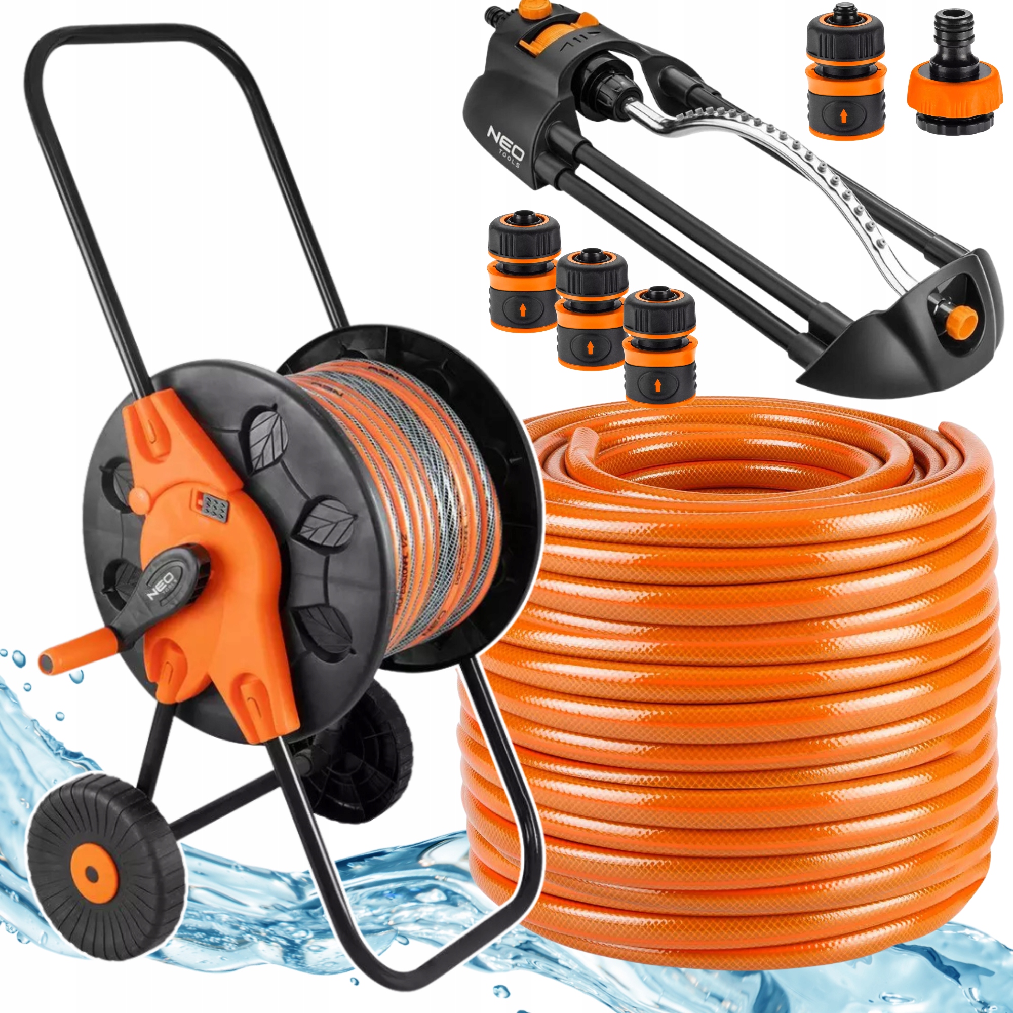 Neo Wąż Ogrodowy Mocny 50m 1/2" na Bębnie Dużym Zraszacz Złączki Zestaw