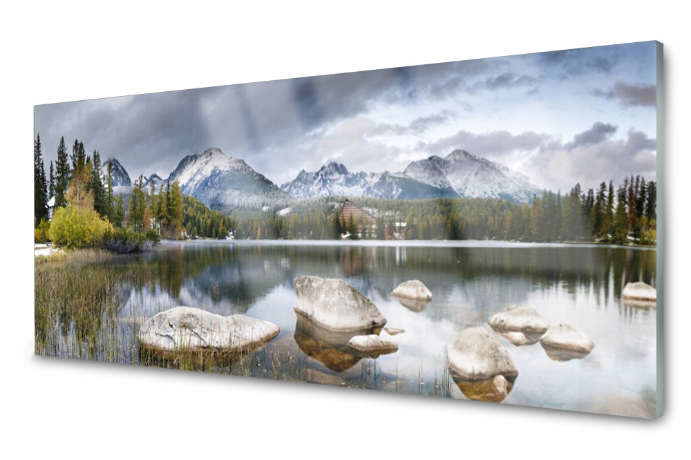 Sklenený panel do kuchyne Jazero Hory Les 125x50