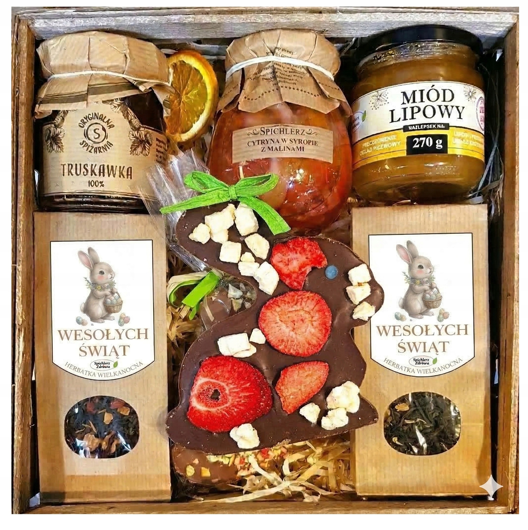 Kosz Prezentowy Upominek Miód Herbaty Malina Zając Na Wielkanoc