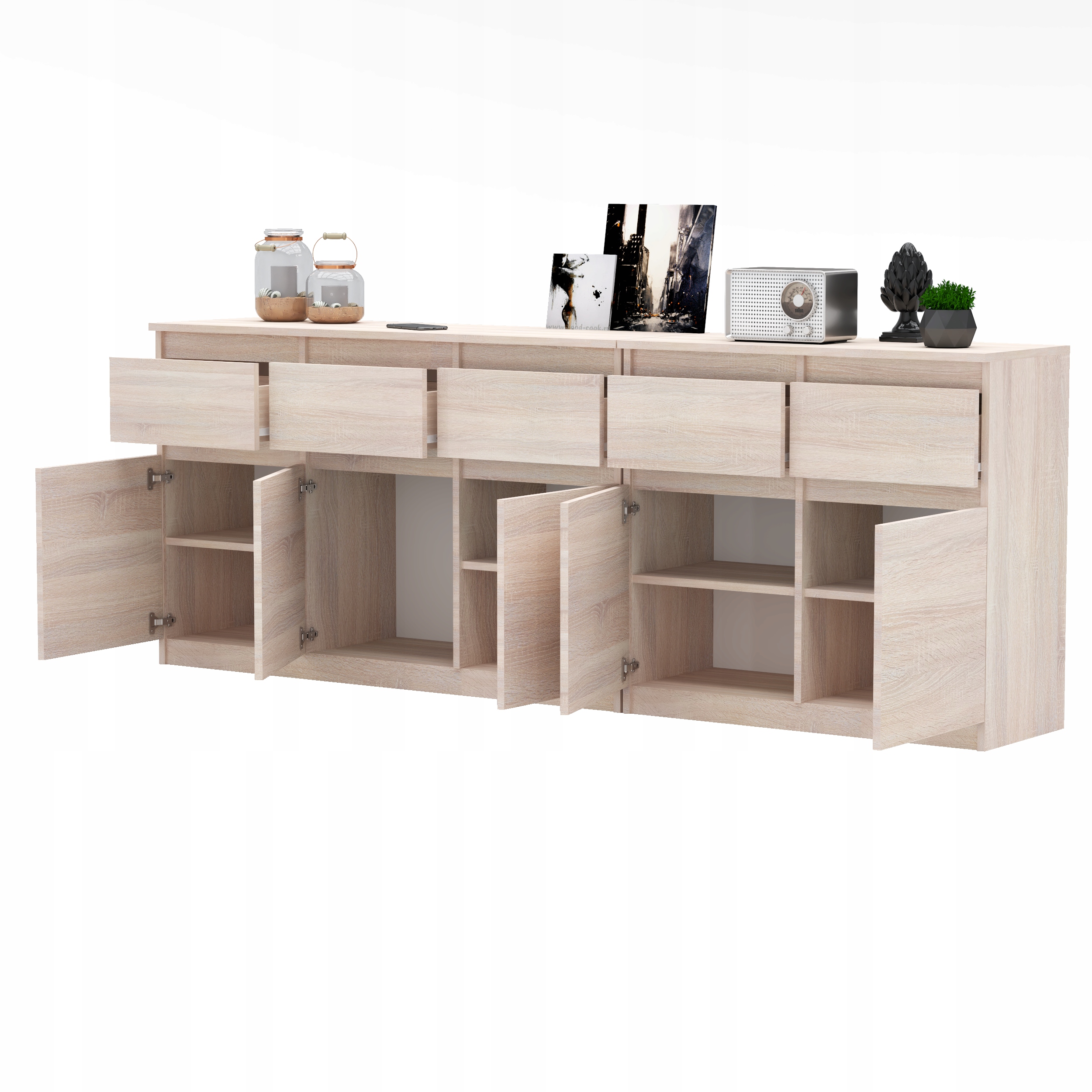 Komoda SONOMA/BIAŁY 5 szuflad 5 drzwi Duża Komoda 200 cm ZESTAW do Salonu Szerokość mebla 200 cm