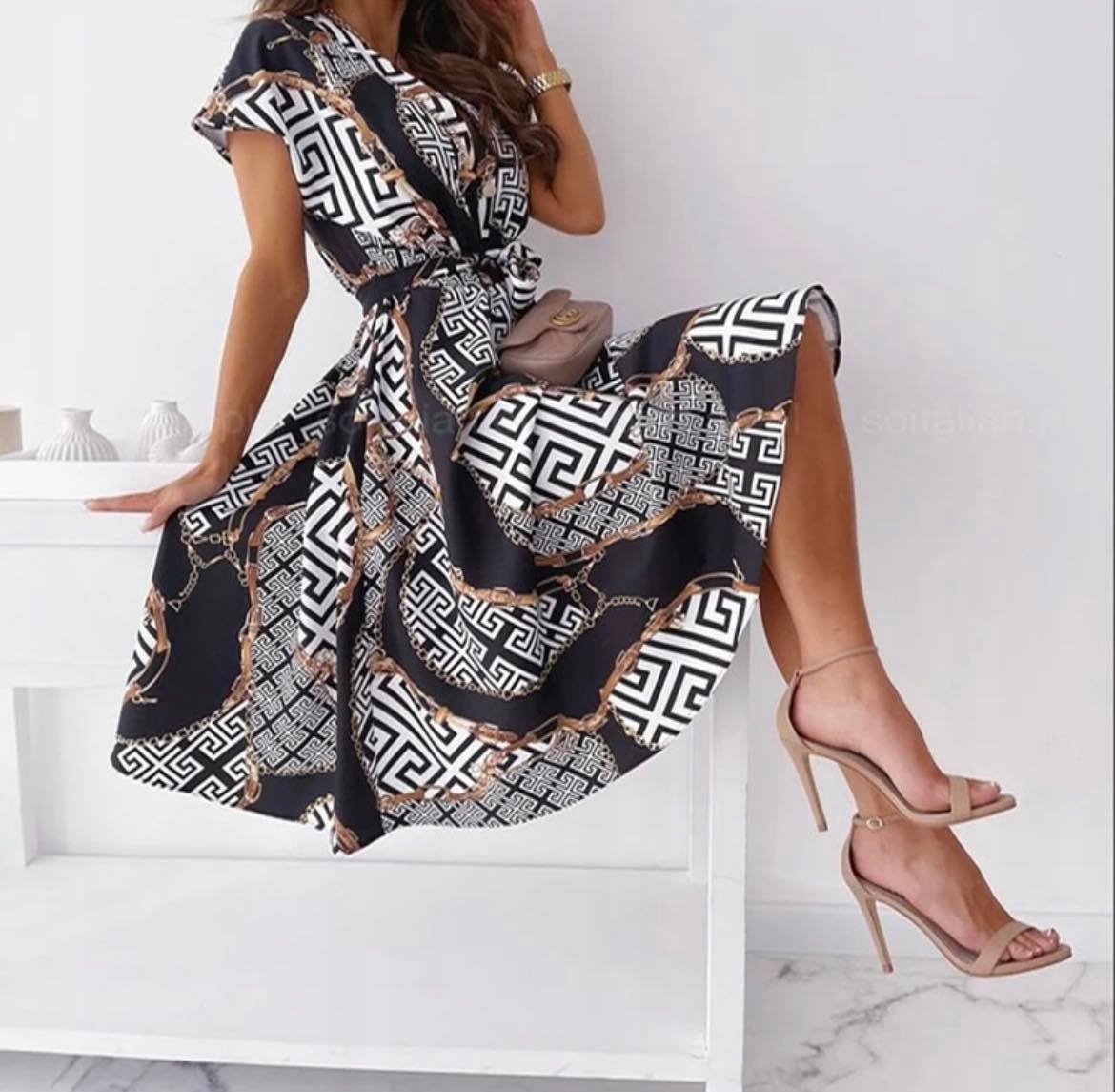 ELEGANCKA SUKIENKA VINTAGE SUKNIA MIDI WZORY KLASYCZNA STYLOWA 44 XXL Marka Bergens