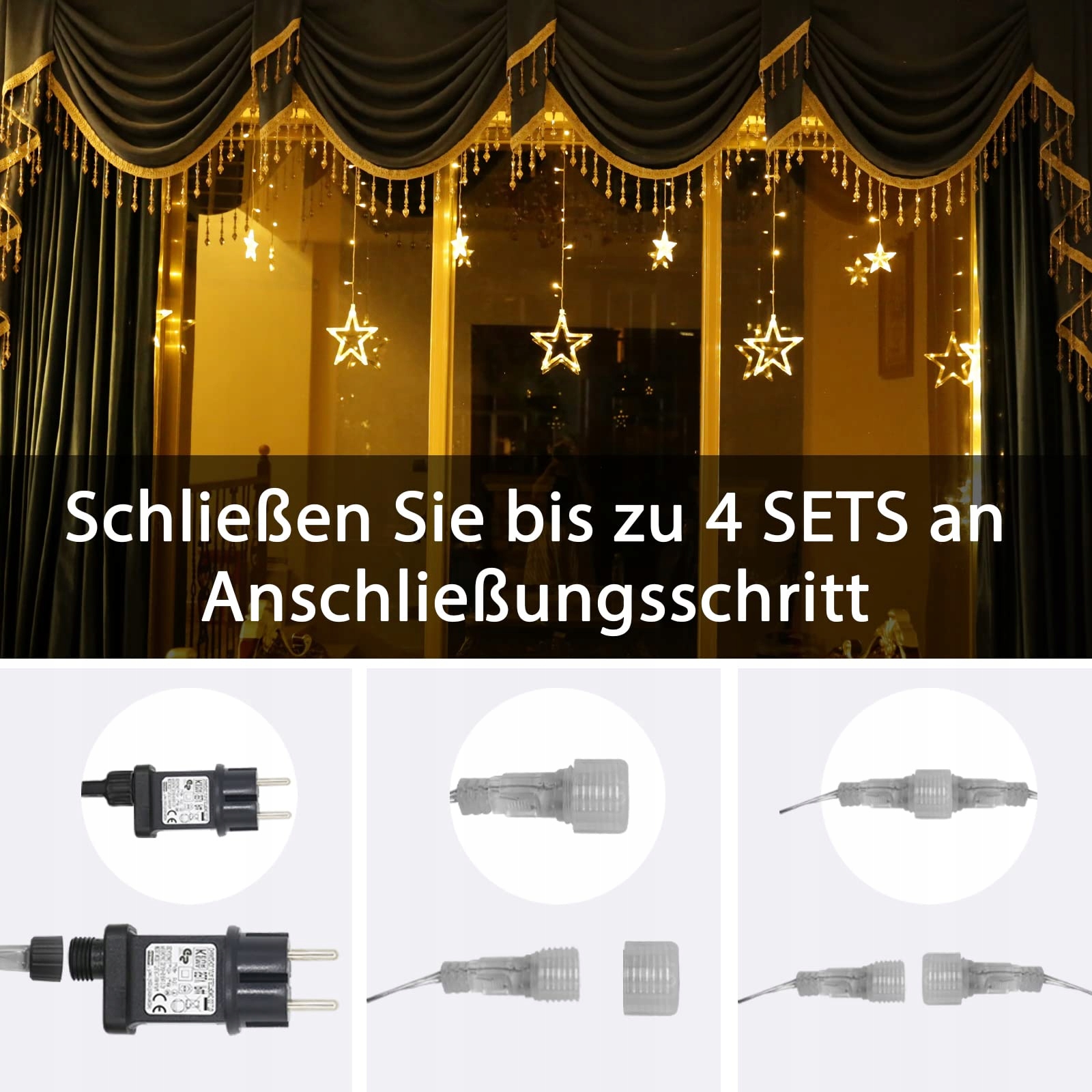 INTERGO Kurtyna Świetlna Dekoracja Świąteczna Gwiazdy 8 Trybów 138 LED — miniatura 5