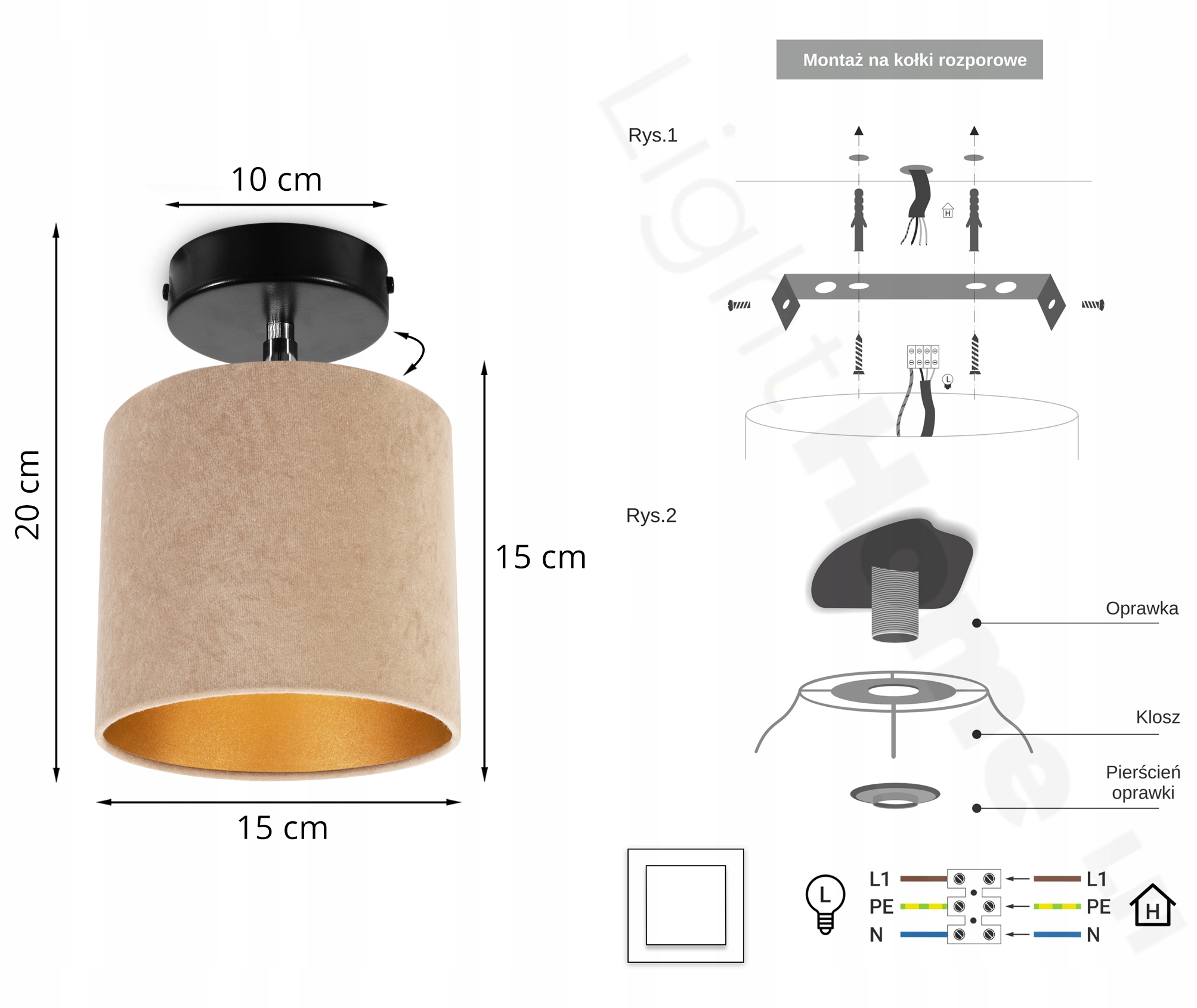 LAMPA WISZĄCA SUFITOWA KINKIET PLAFON ZŁOTY WELUR Maksymalna moc pojedynczego źródła światła 60 W
