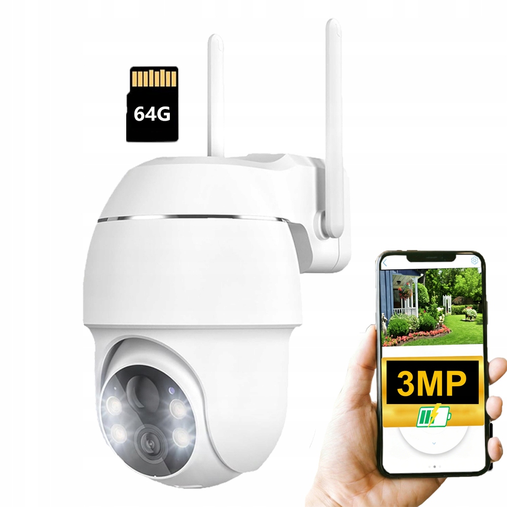 3MPx venkovní otočná bezdrátová WiFi kamera s akumulátorem Ptz Z 64GB