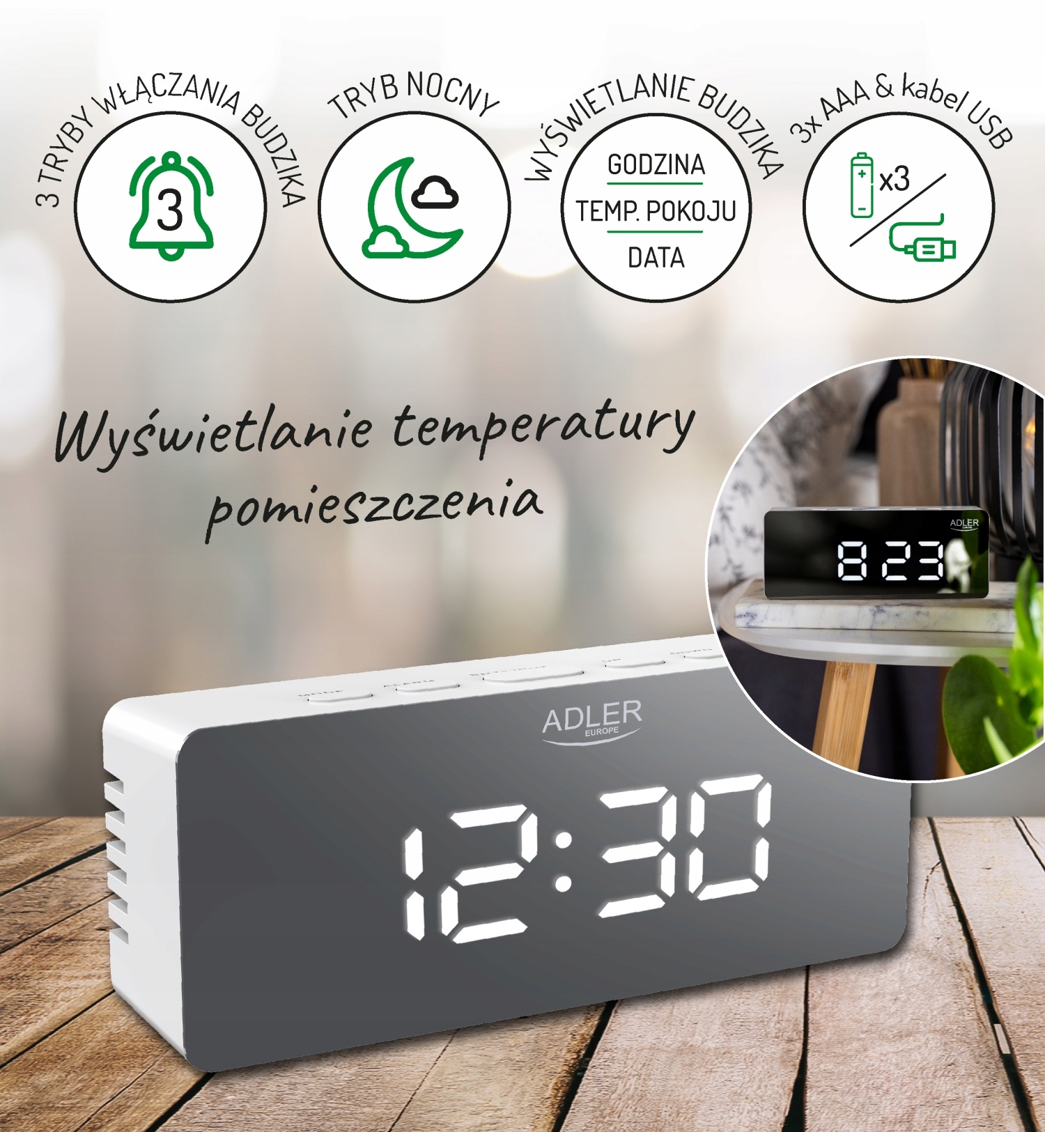Budzik AD 1189 z Wyświetlaczem Temperatury i 3 Trybami Alarmu
