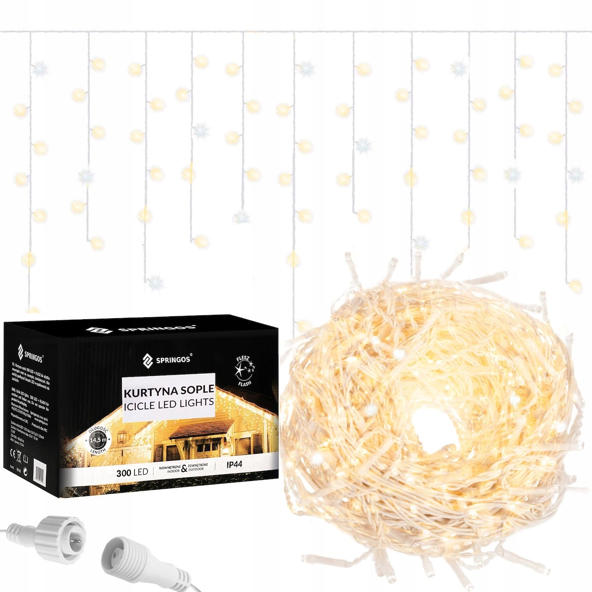 

Lampki Zewnętrzne 300 Led IP44 Sople Białe Flash