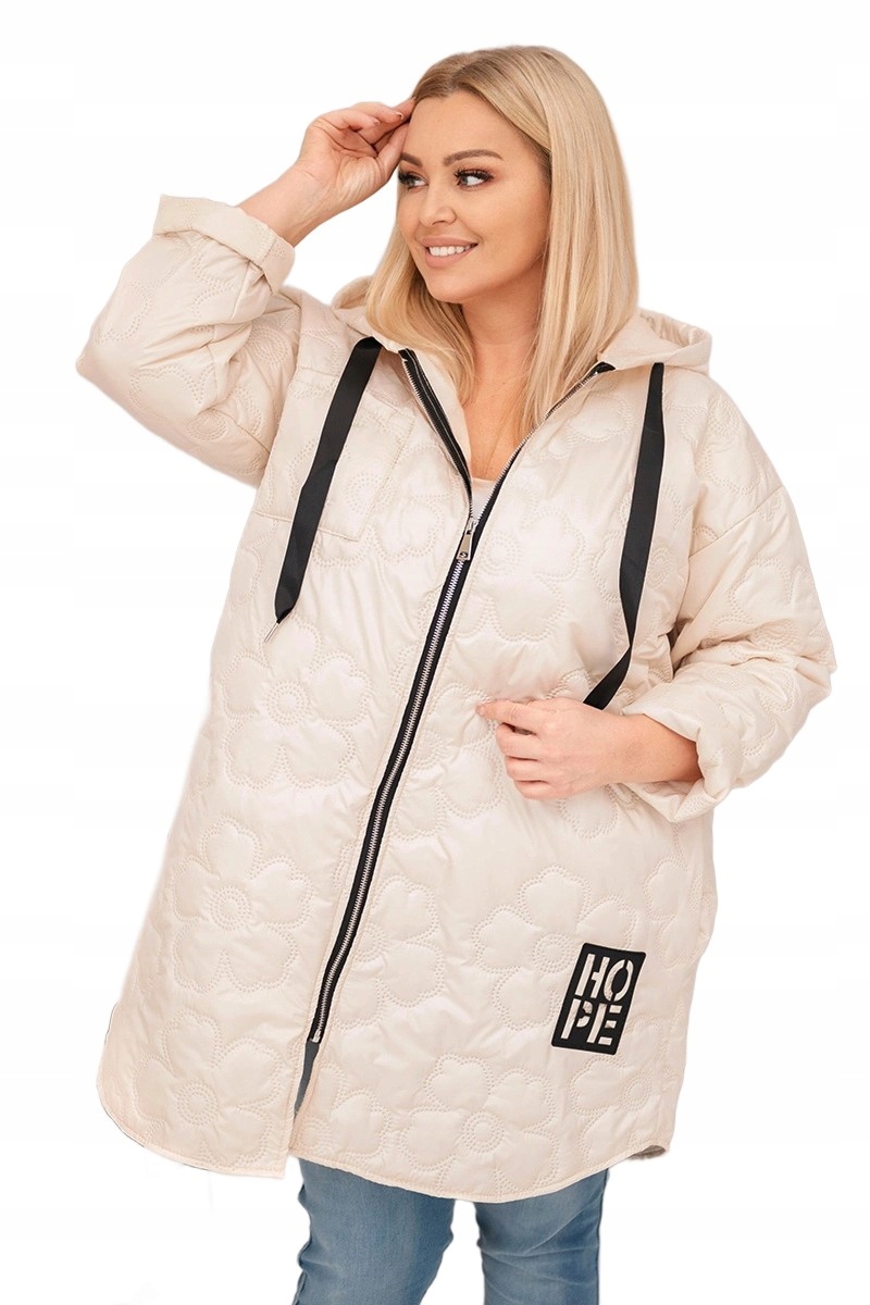 Dámská prošívaná bunda Plus Size s kapucí a nápisem Hope, světle béžová
