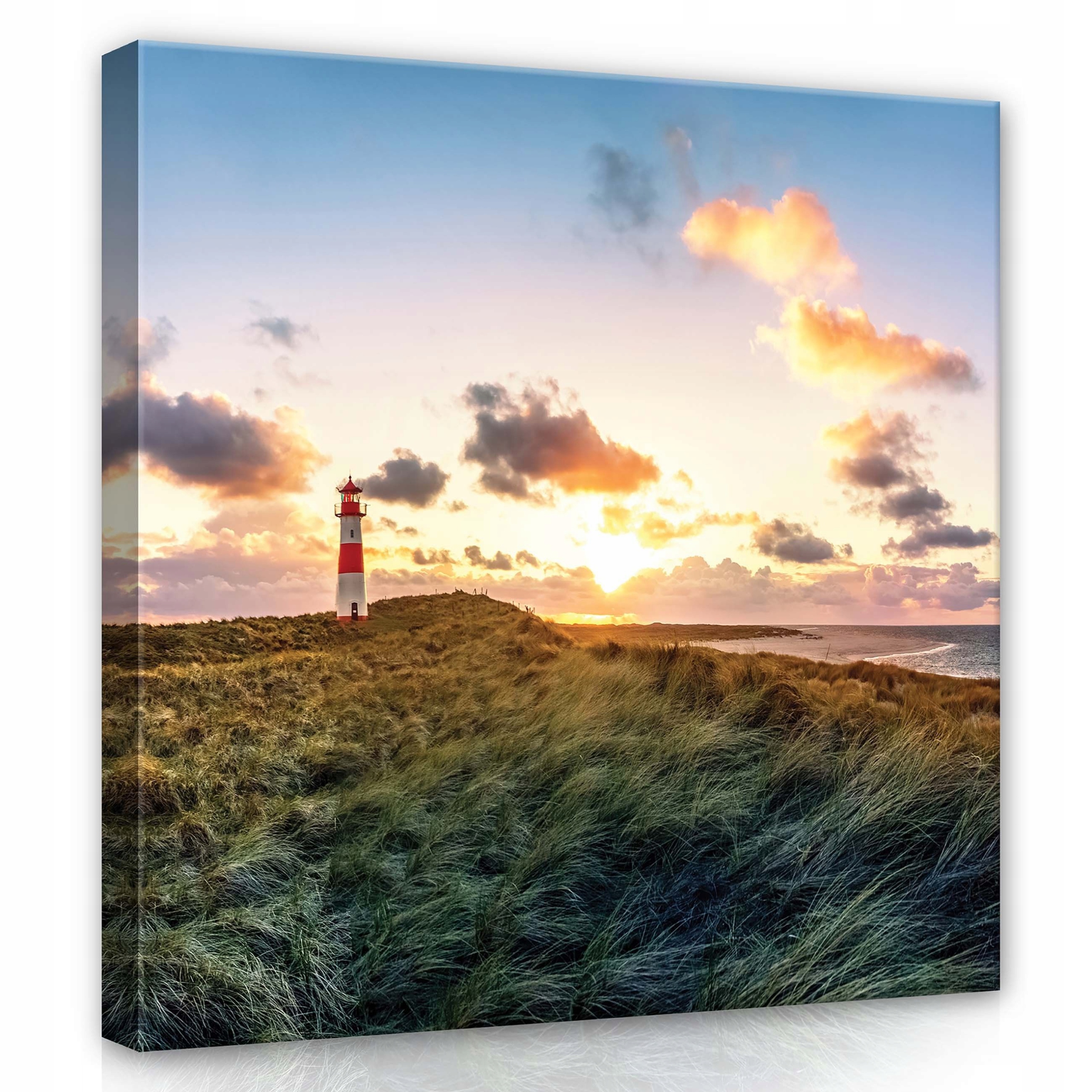 Obraz 80x80 Západ slunce maják moře duna písek obloha mraky