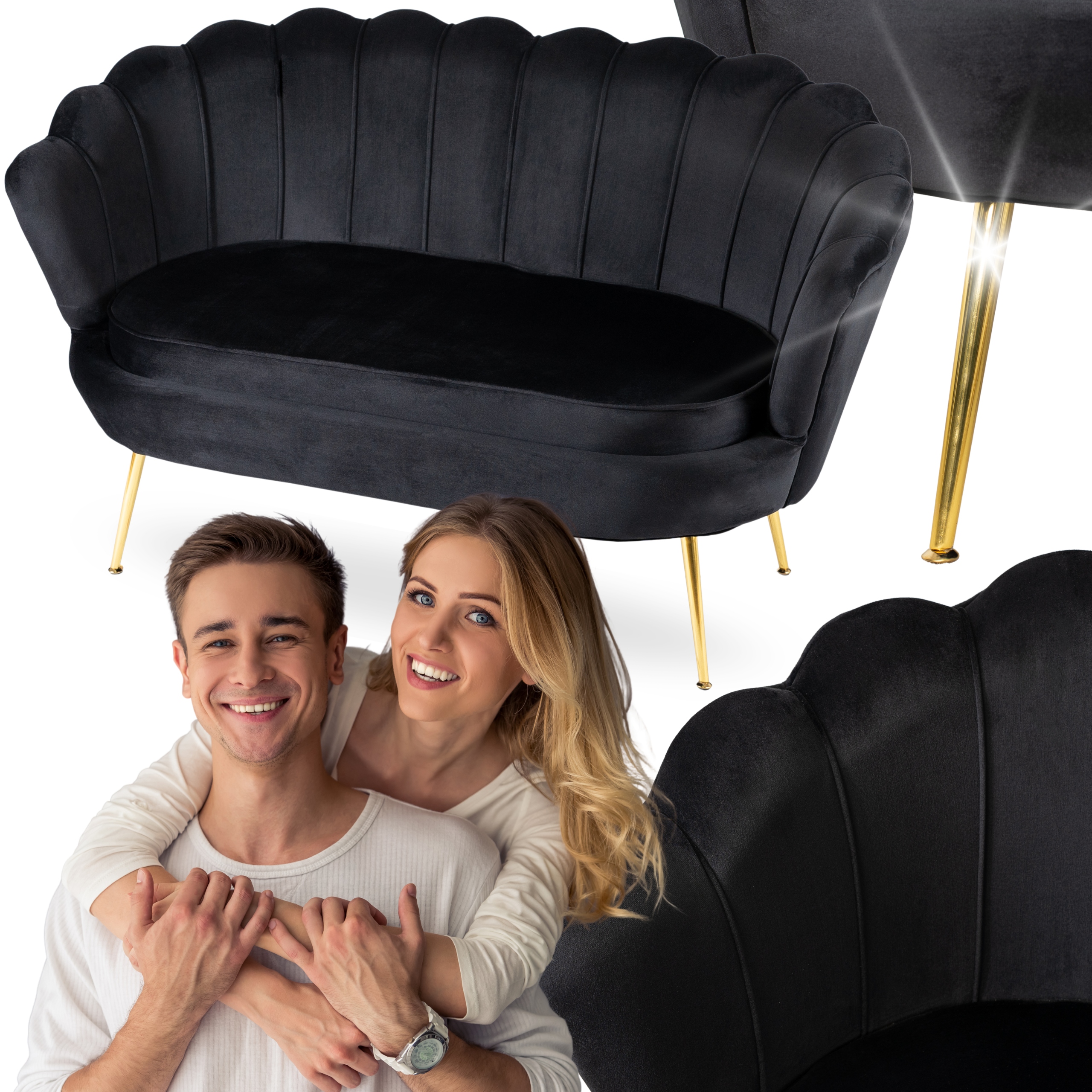 Dvoumístné sedací křeslo Zendaya Muszelka Velur Černá Glamour Zlatá