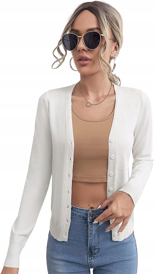 DAMSKI KARDIGAN Z DEKOLTEM W SZPIC CIENKI M ECRU Odcień ecru