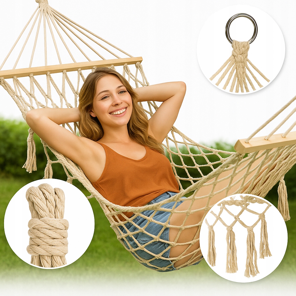 Hamak Z Drązkiem ogrodowy brazylijski boho siatka frędzle 200cm ecru 250kg