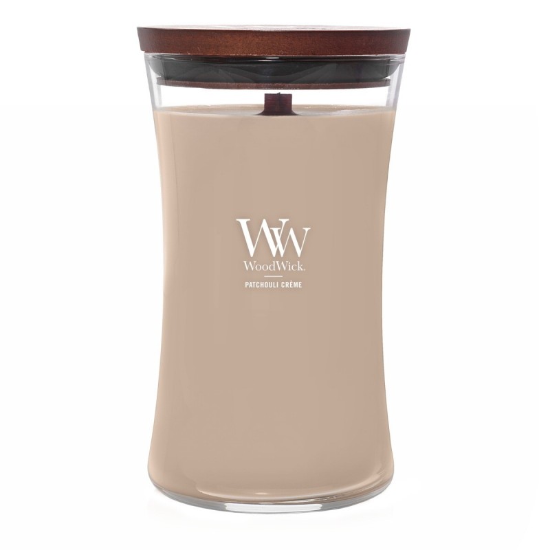 svíčka WoodWick vůně Patchouli Creme 610 g svíčka 120 h dřevěný knot