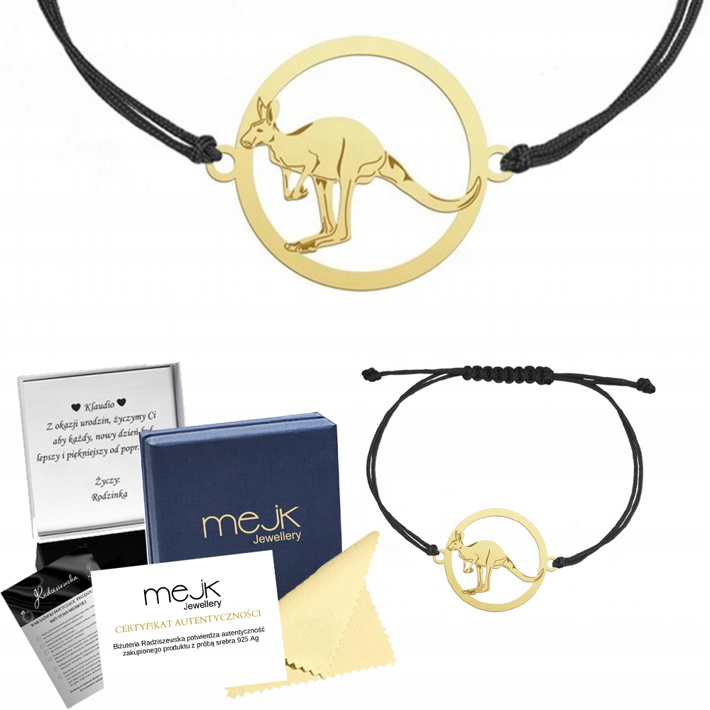 Zlatý náramek s klokanem 925 Šňůrka Dárek pro učitele Gravírování