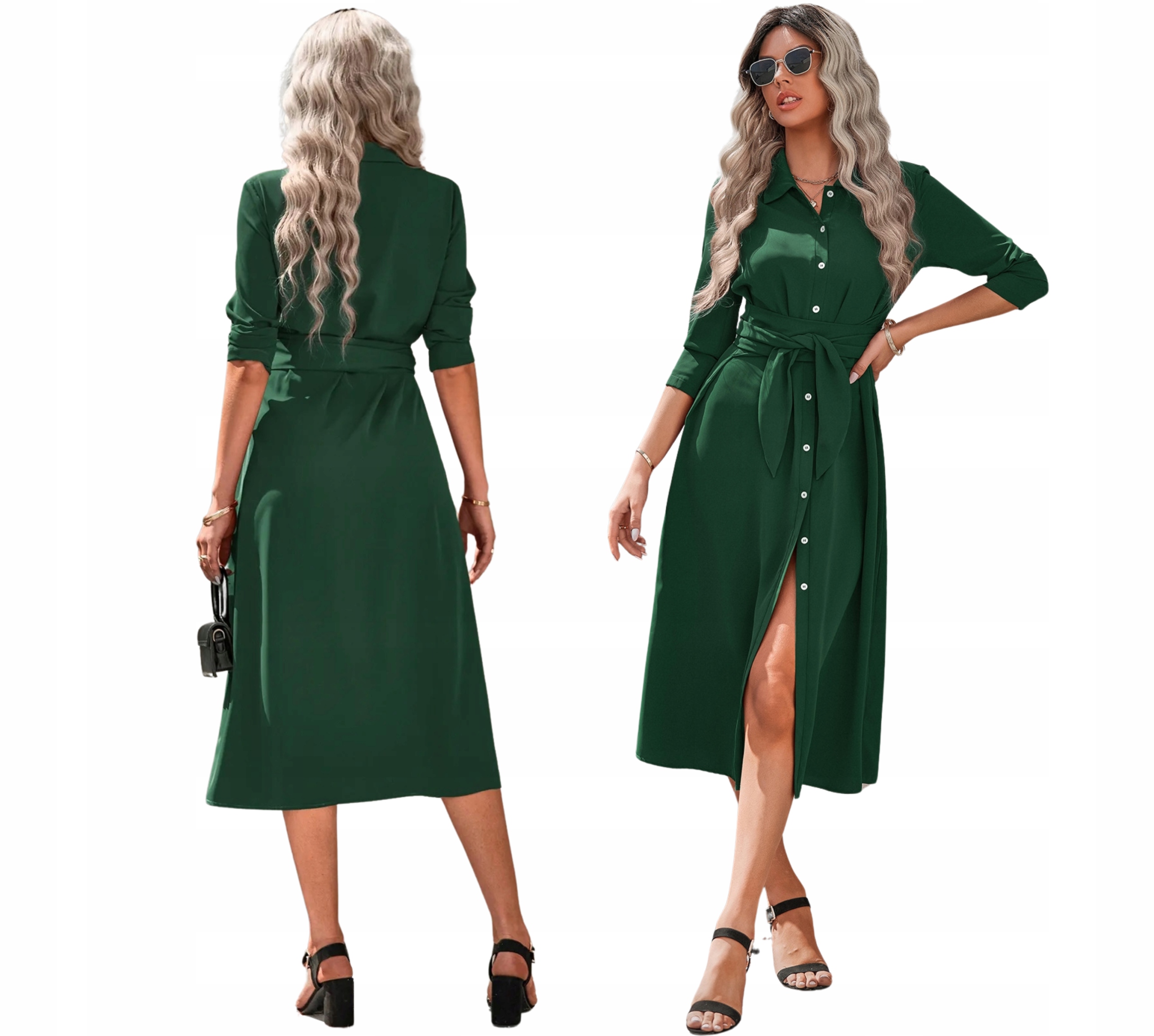 Sukienka damska koszulowa midi stylowa z paskiem guzikami stójka