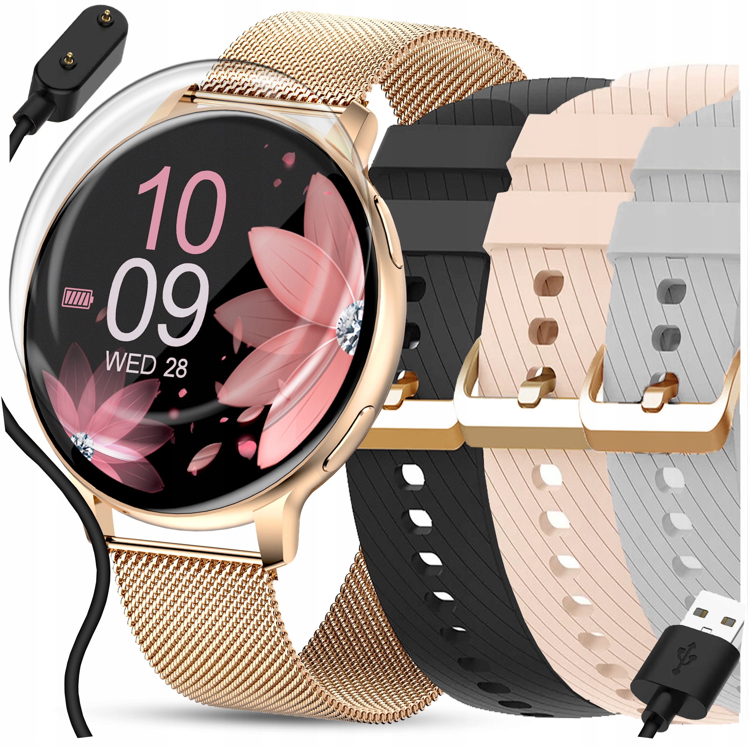 SMARTWATCH ZEGAREK DAMSKI POLSKIE MENU ROZMOWY ZDROWIE SPORT 4 PASKI