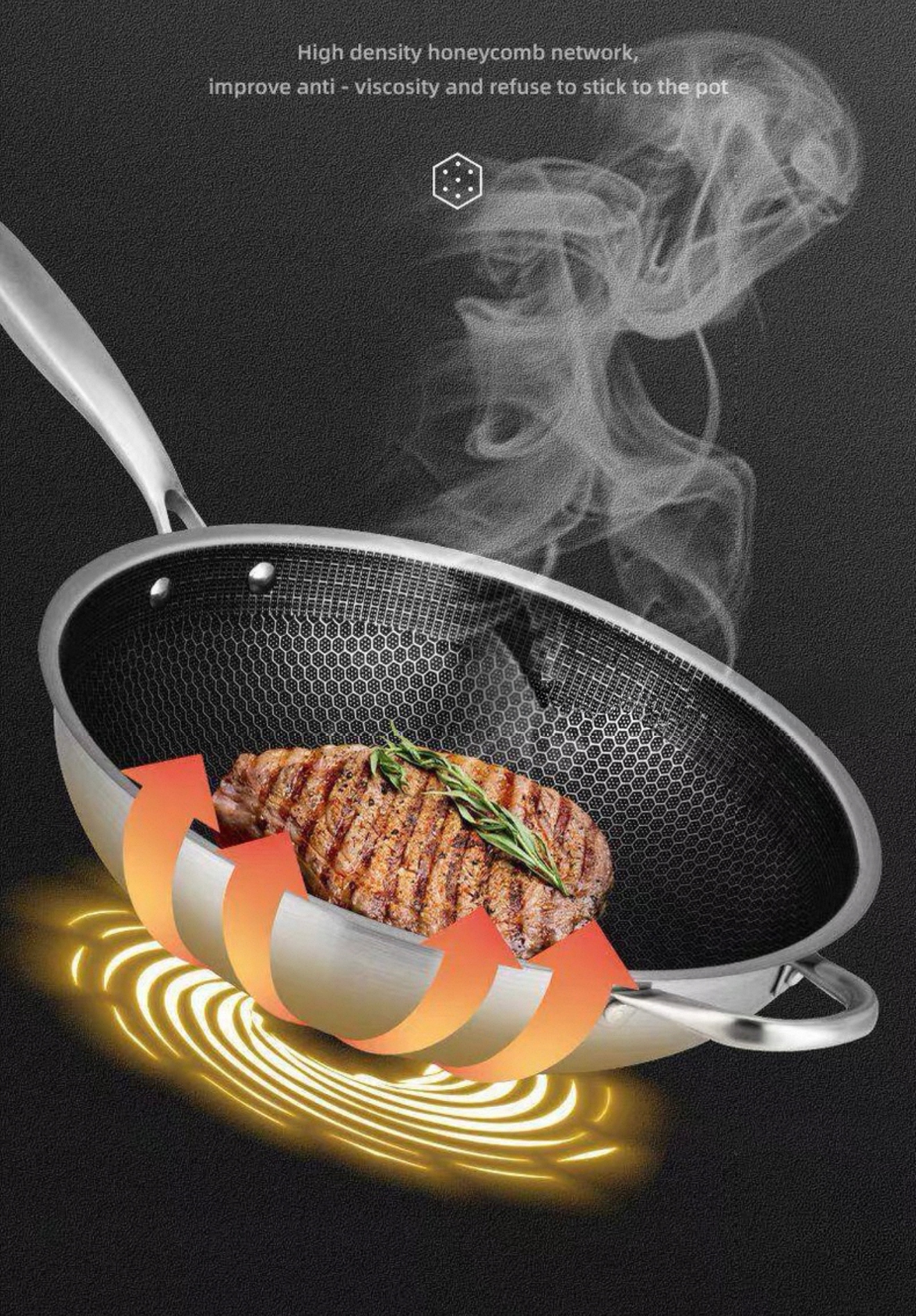 Wok 26 cm Nerezová Ocel Medová Plástev Indukce