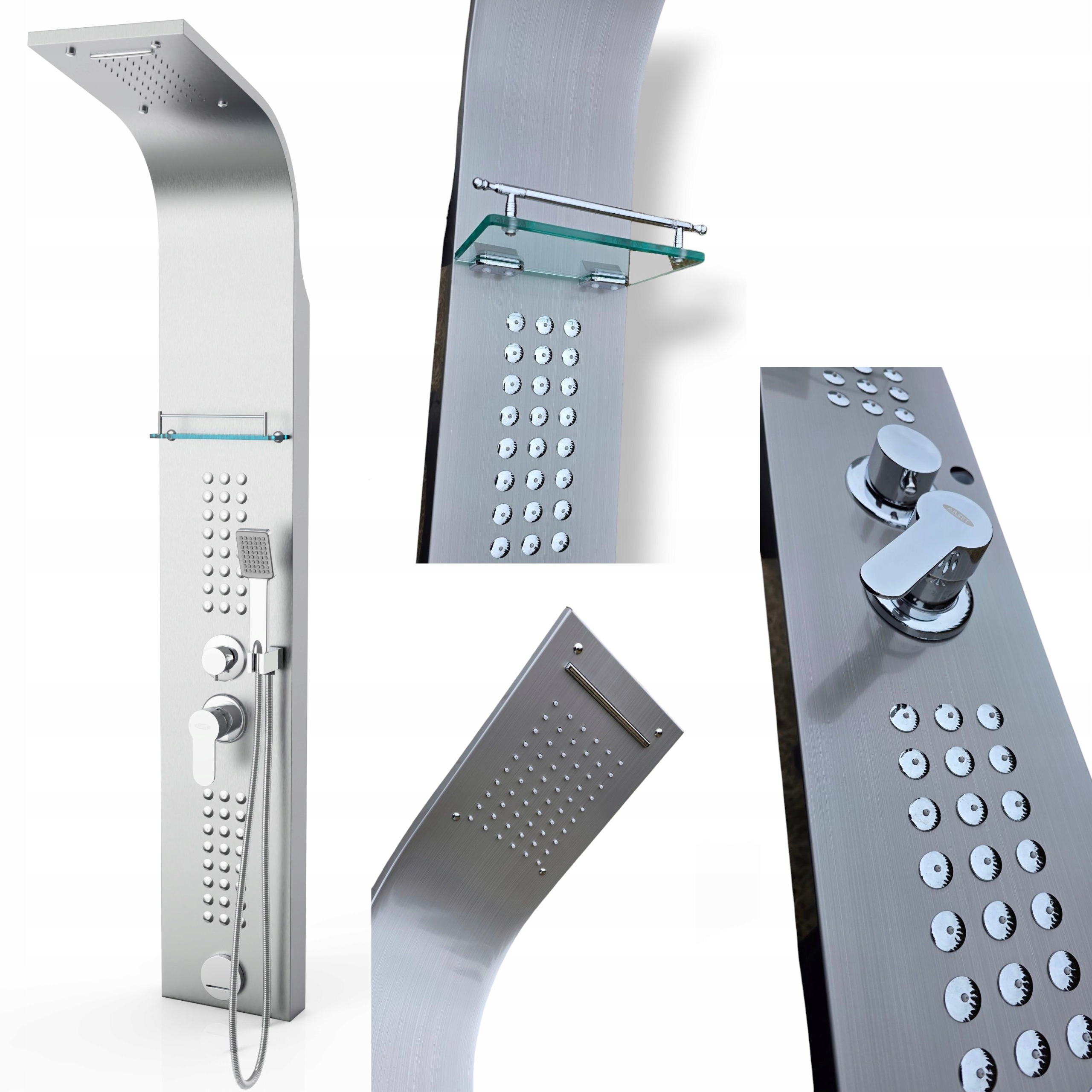Panel prysznicowy Naomi 130cm srebrny inox mat hydromasaż wodospad półka