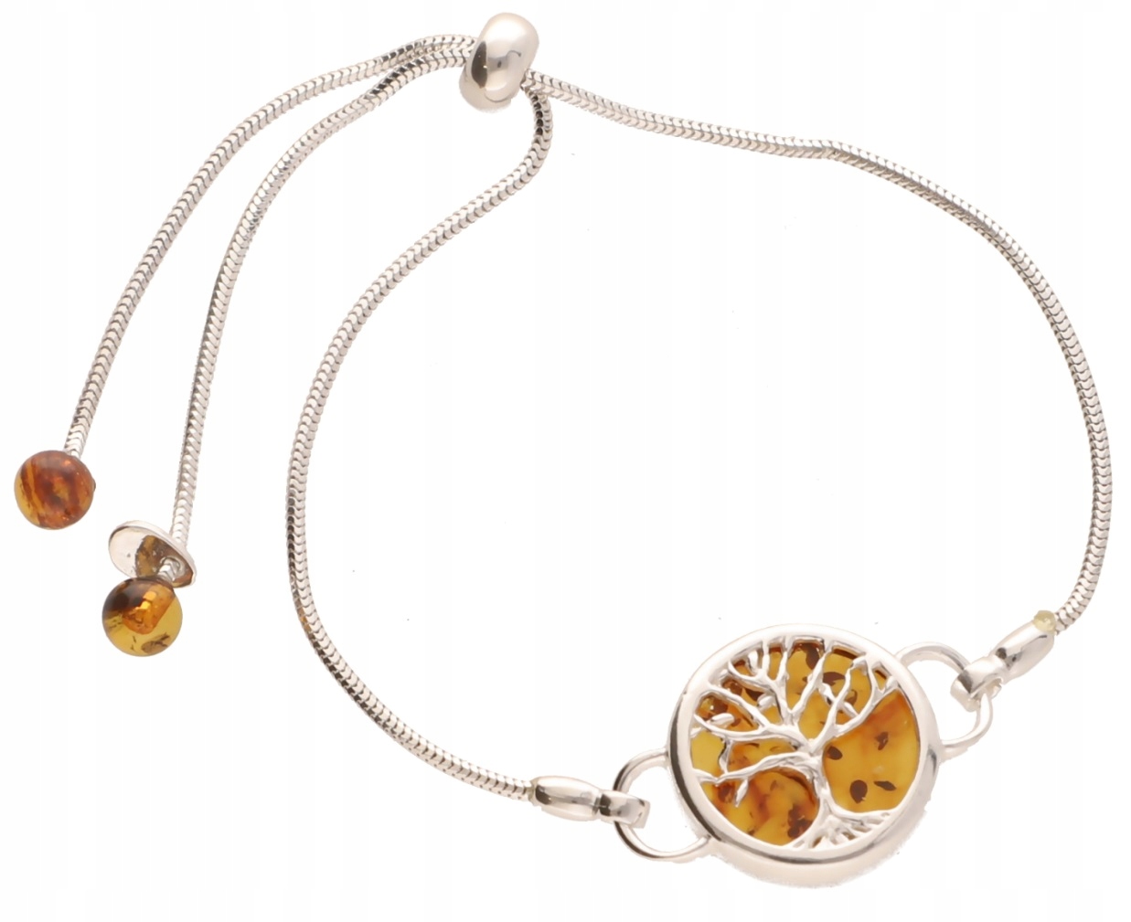 Stříbrný náramek s jantarem, strom štěstí