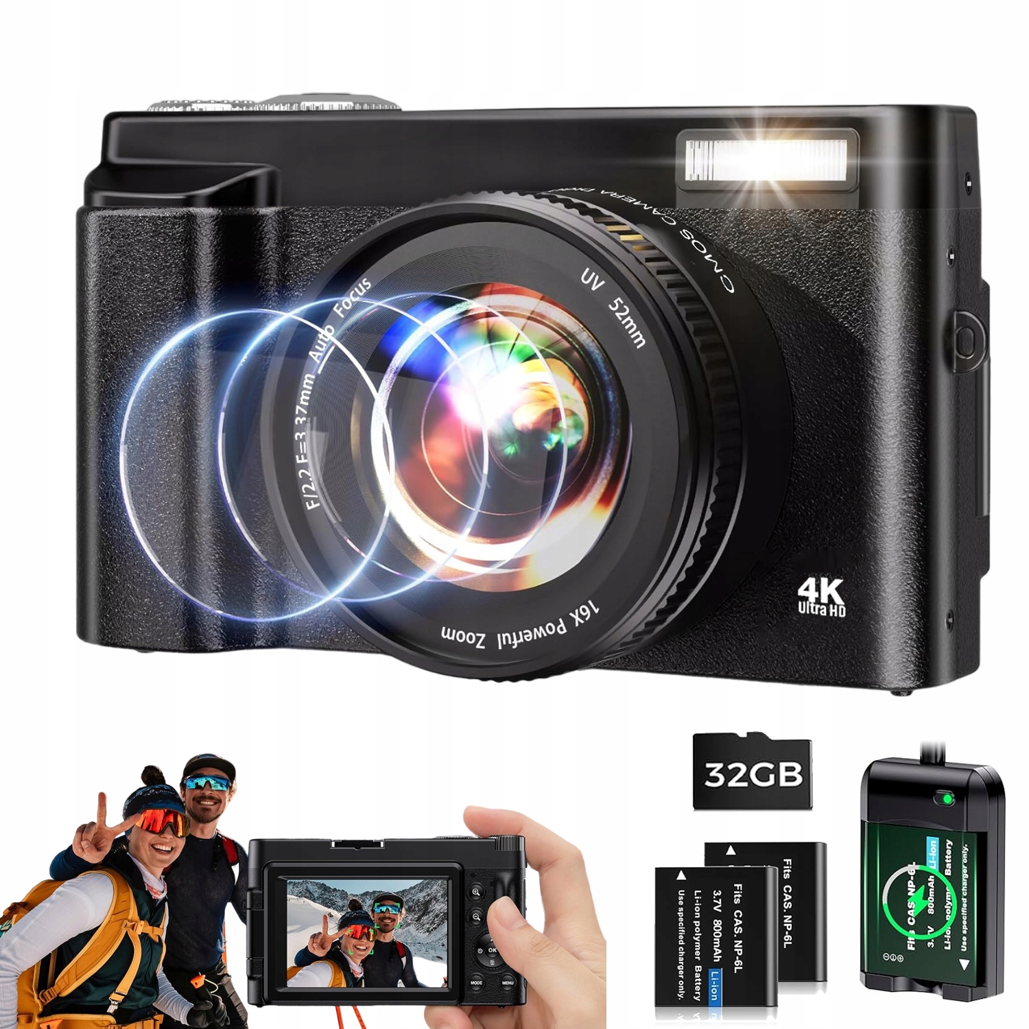 Digitální Fotoaparát S Automatickým Ostřením 180° Obrazovka 3,0 Palce 32 Gb 48 Mp 16 X Zoom 850 Mah