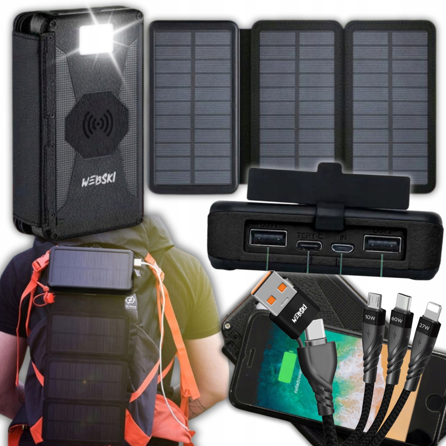 Silná Solární Powerbanka 16000 mAh Indukční Nabíječka 3 Panely Kabel 6v1