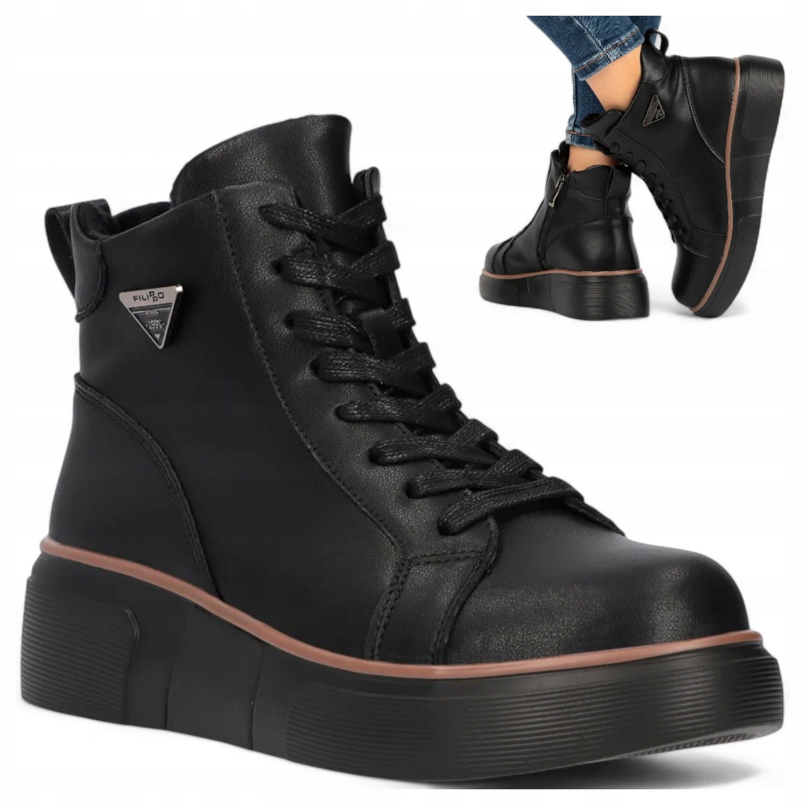 Dámské Kotníkové Boty Kožené Filippo 36 Podzimní teplé zip Černé platforma