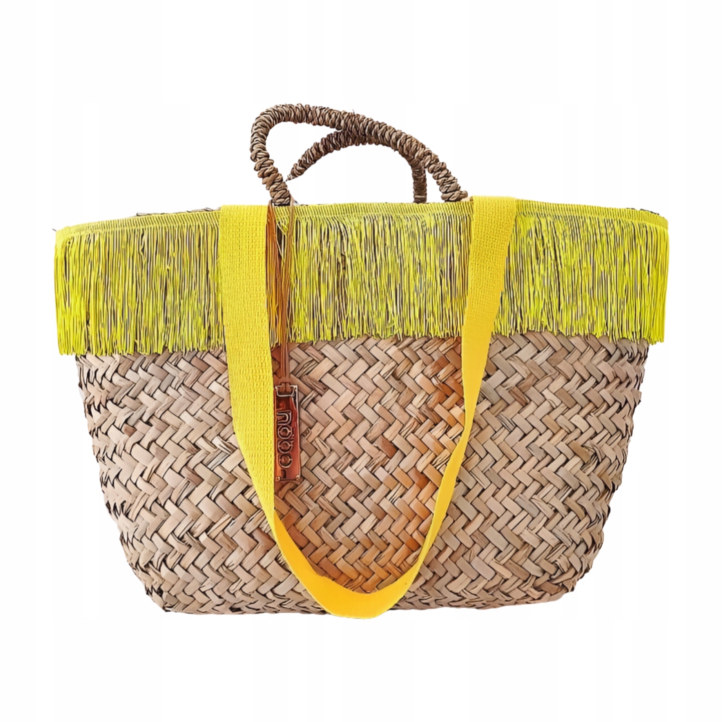 Nobo taška shopper košík béžová s třásněmi a žlutou barvou