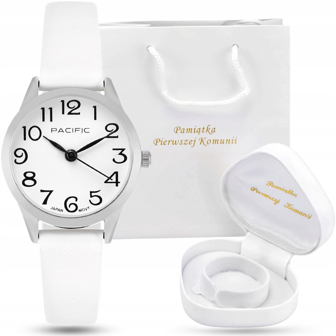 Sada Svaté Přijímání hodinky jako dárek k k prvnímu svatému přijímání dárku, bílá kabelka a krabička