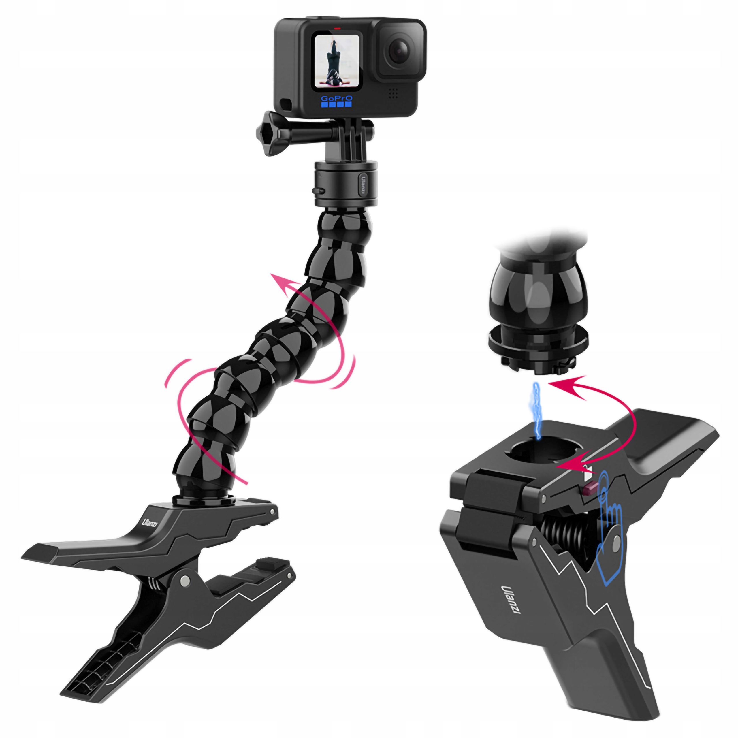 Klips z elastycznym ramieniem i magnetyczną szybkozłączką do kamer GoPro