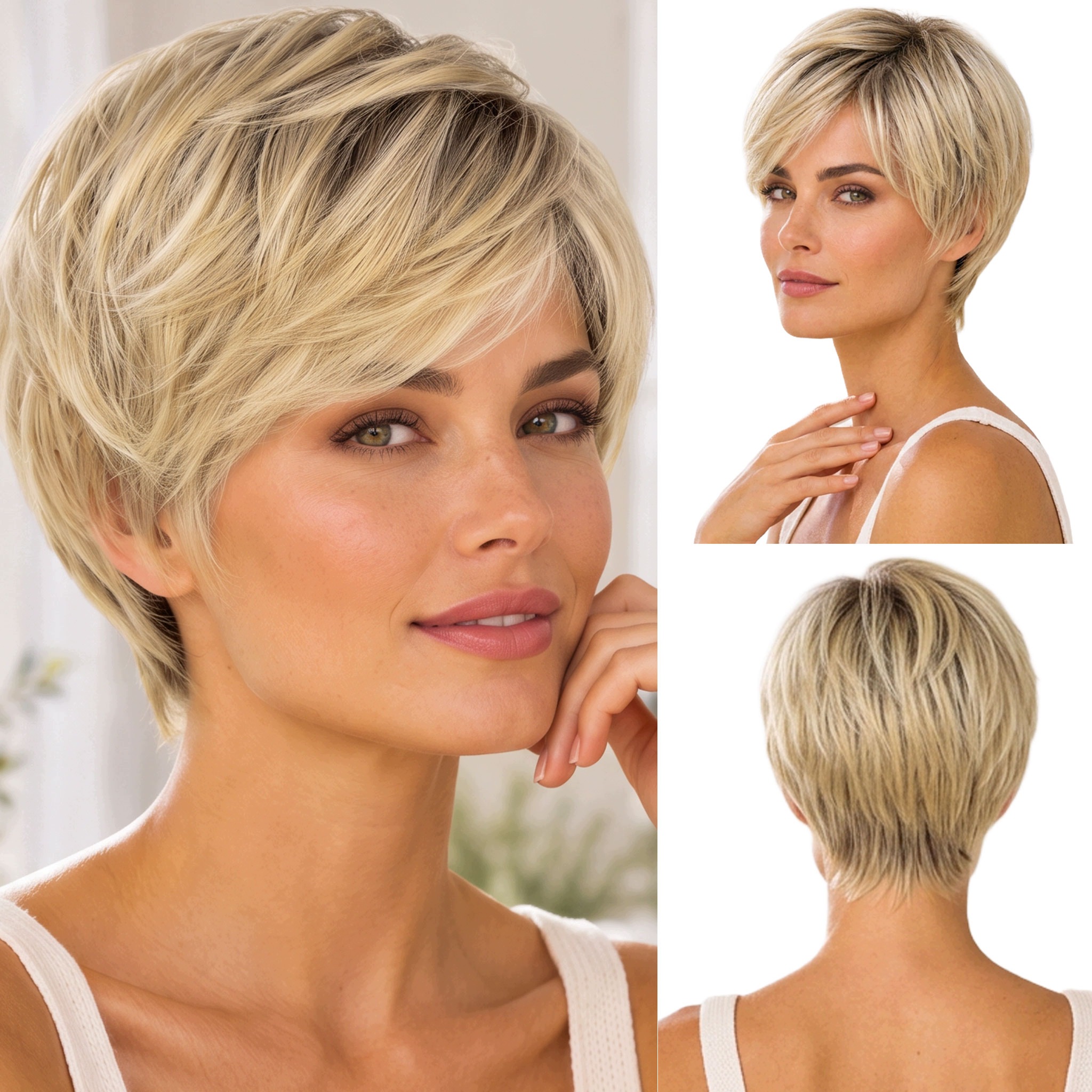 Peruka syntetyczna Pixie Cut bardzo lekka krótka prosta blond z odrostem