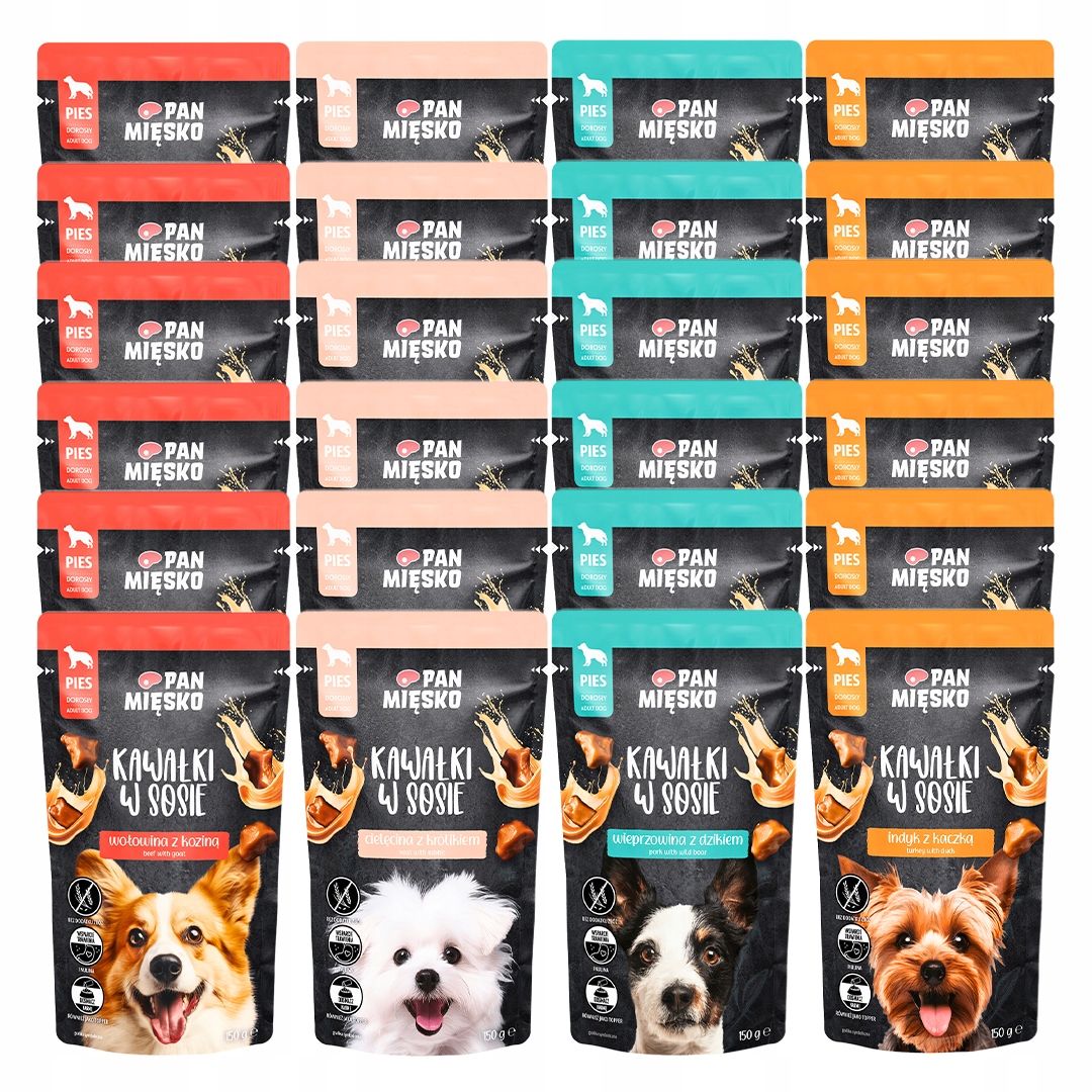 Pan Mięsko Kawałki W Sosie Saszetki Dla Psa Wielki MIX 4 Smaków 24 x 150g