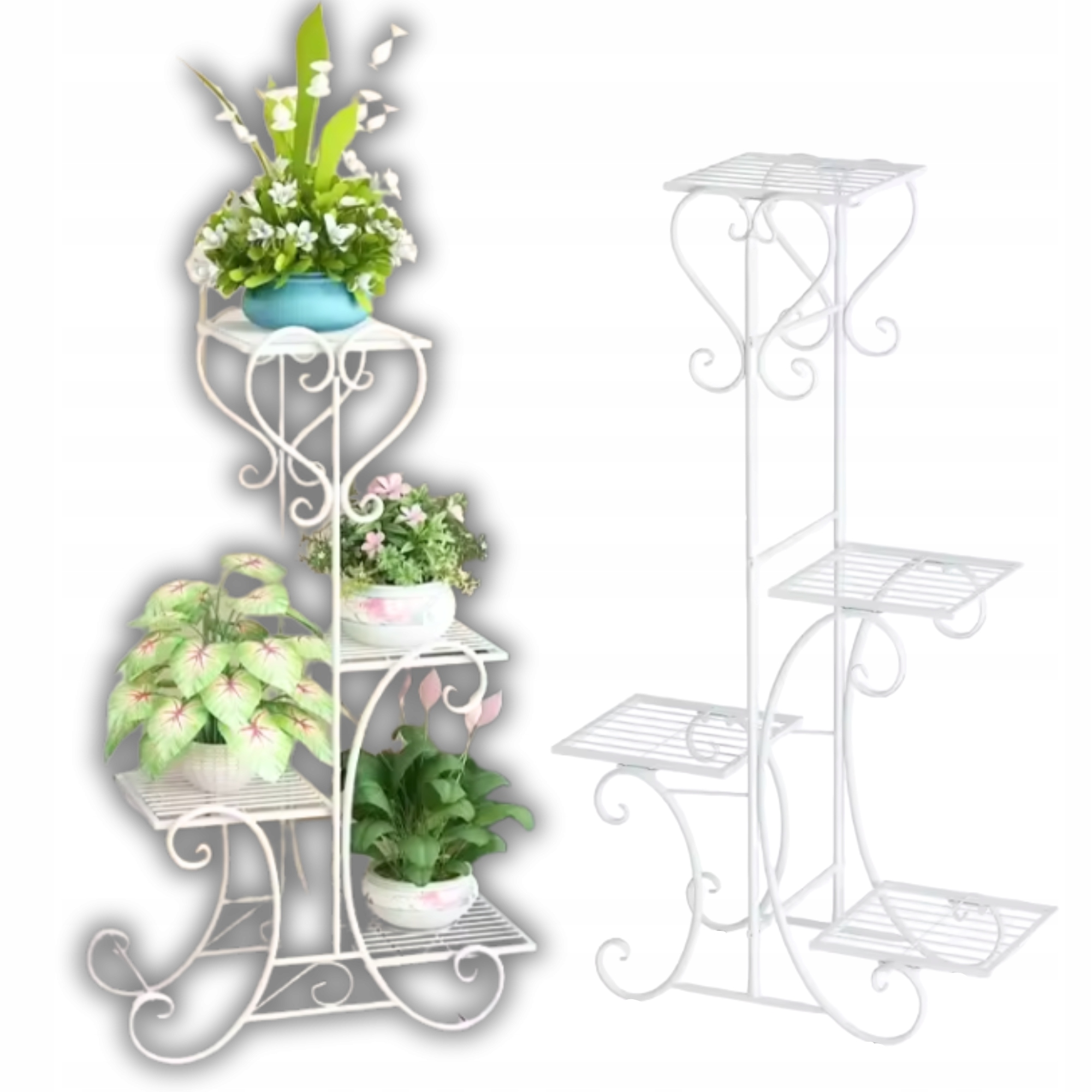 Držiak Na Kvetináč Vysoký Kovový Stojan Na Kvety Loftový Stojaci Biely 4-POSCHODOVÝ
