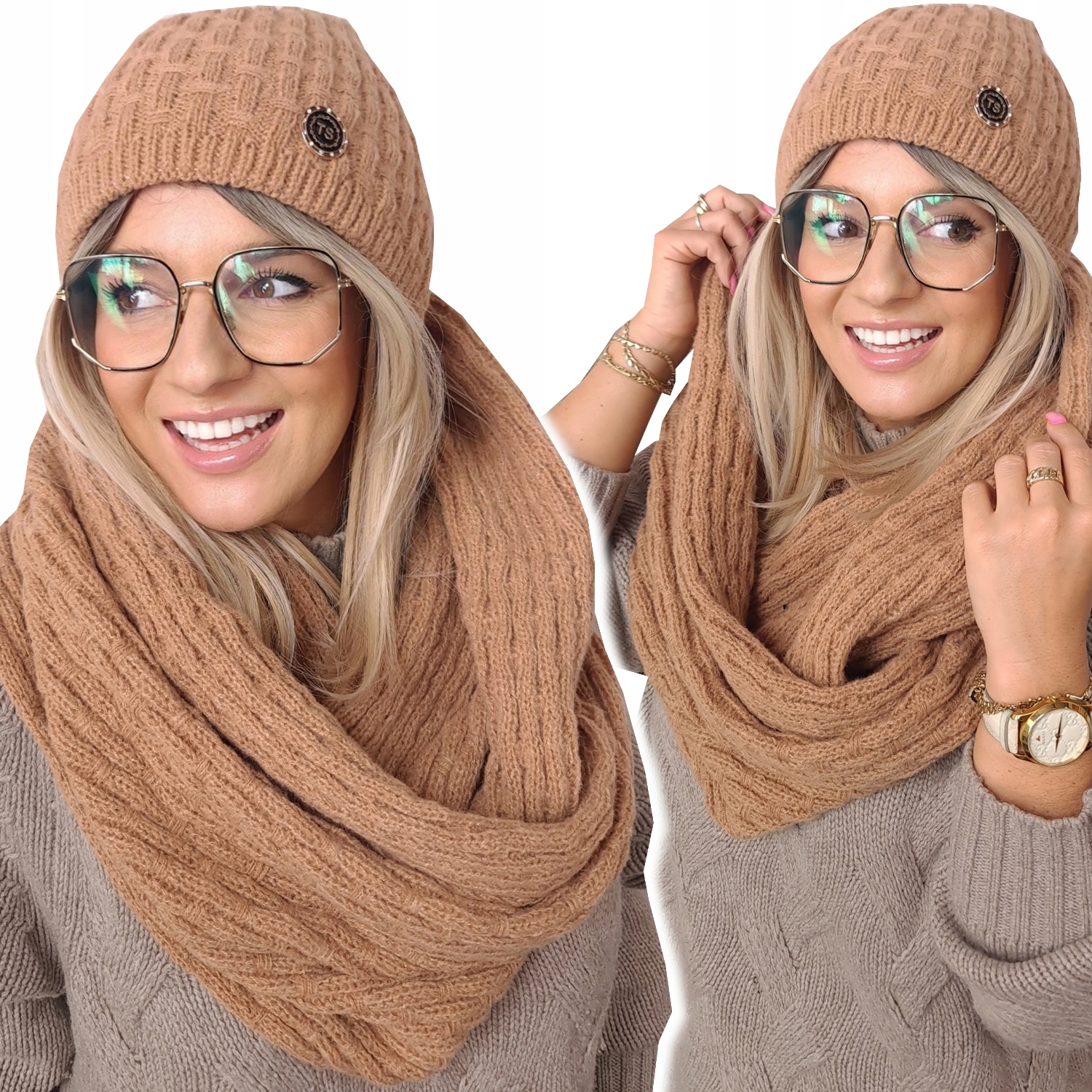 Teplý dámský Set Čepice Nákrčník šála, Polský módní zimní Premium barva