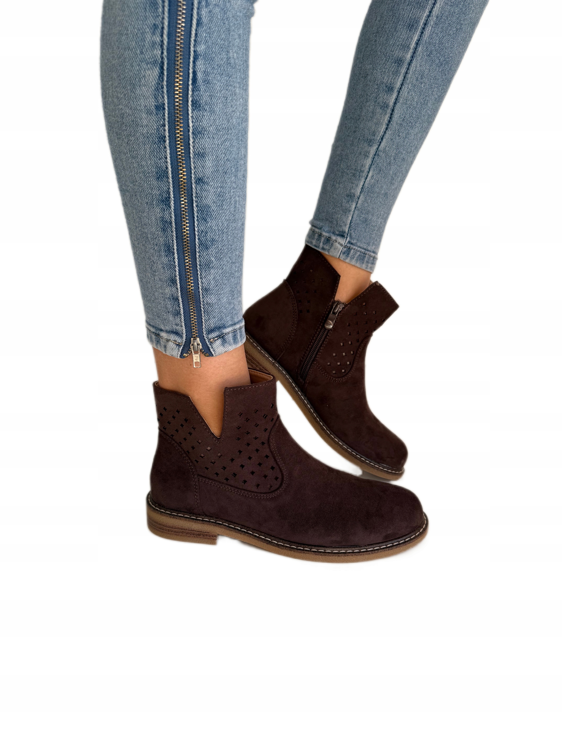 Kotníkové Boty ažurové hnědé čokoládové eko semišová kožená stélka velikost 37