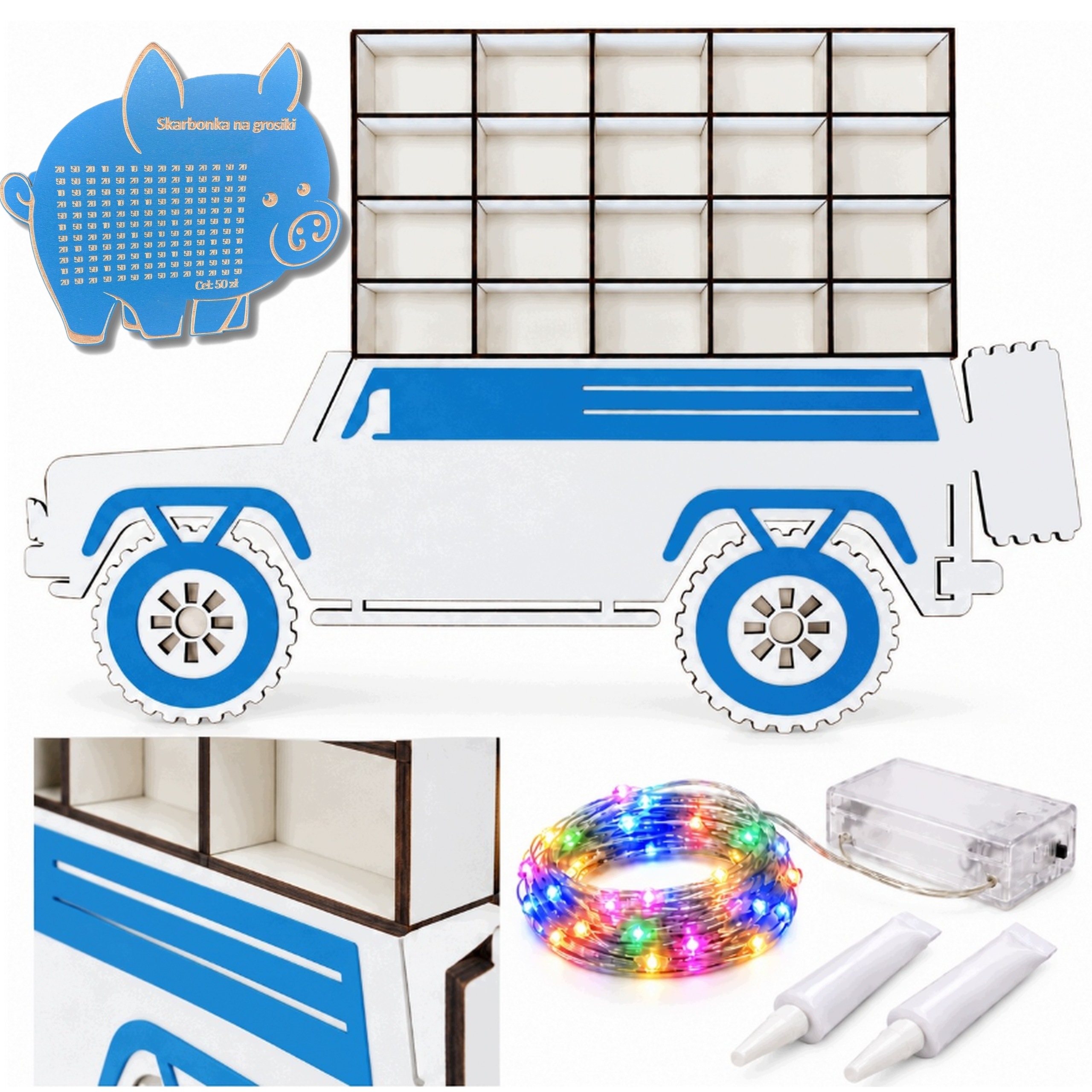 Organizer na resoraki terenówka niebieski 87x58cm Led na ścianę Skarbonka