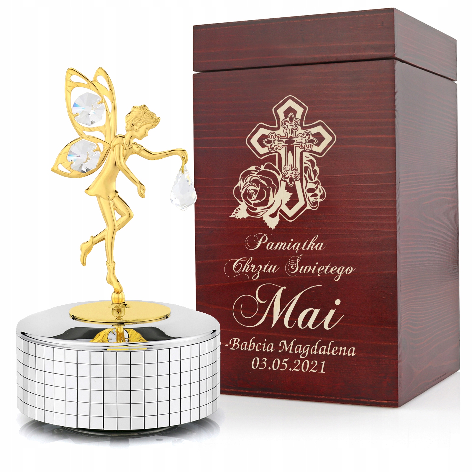 

Pozytywka Elf kryształy Szkatułka Grawer Chrzest