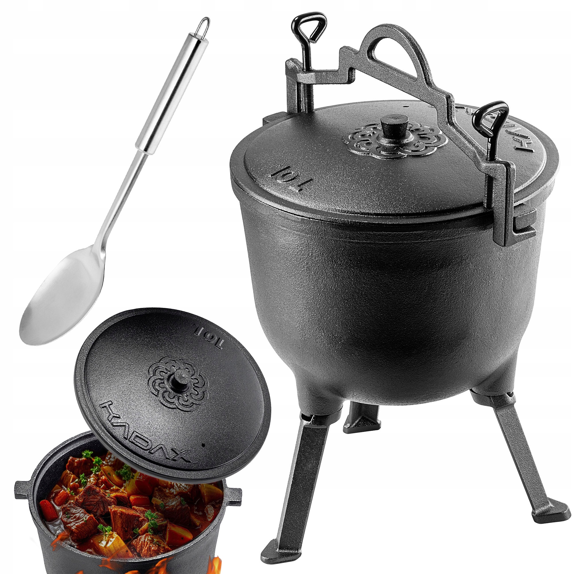 KOCIOŁEK ŻELIWNY MYŚLIWSKI 10L PIECZONKI NA OGNISKO GRILL + ŁYŻKA GRATIS