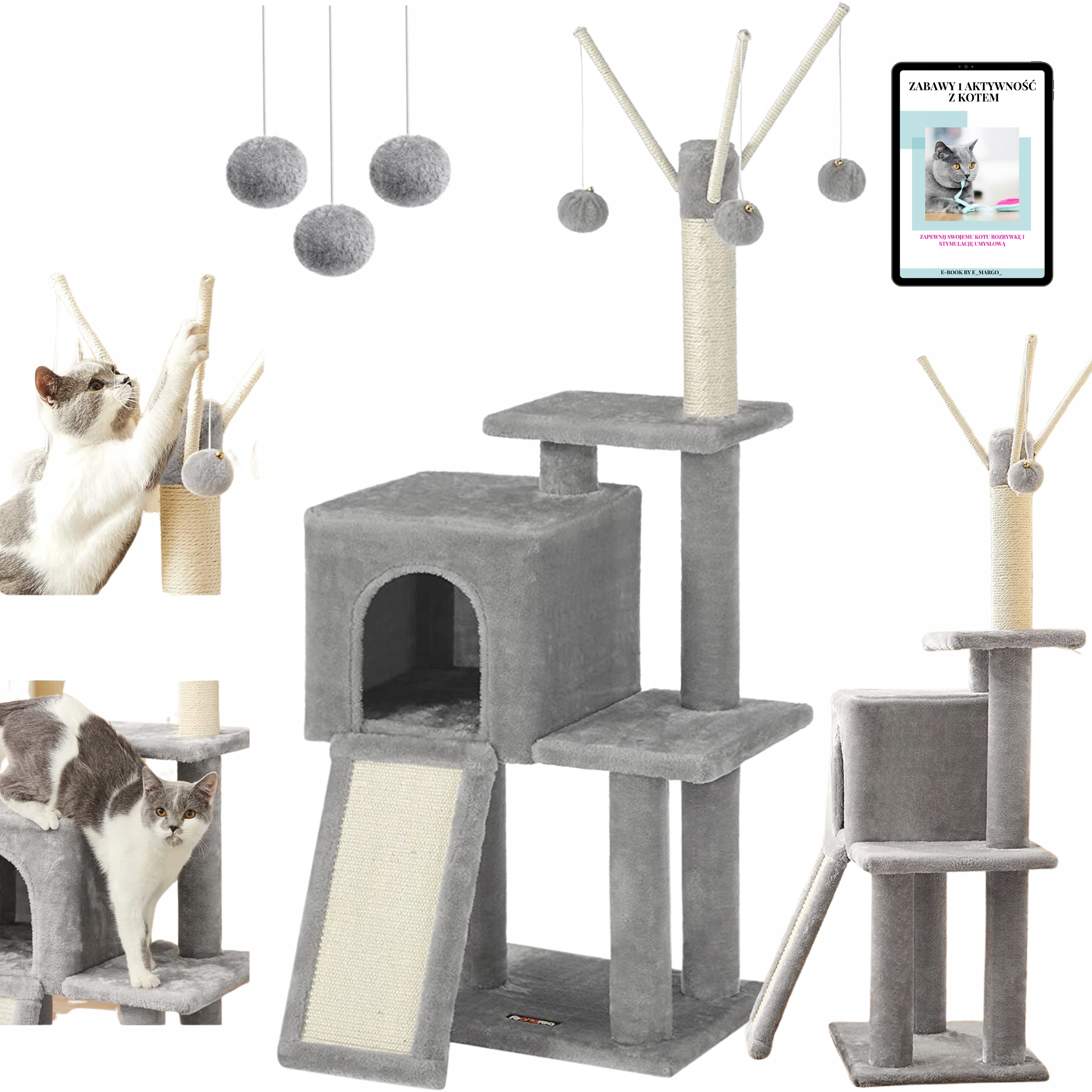 Levně Škrabadlo Pro Kočky Domeček Pelíšek S Míčky Šedý 118 CM