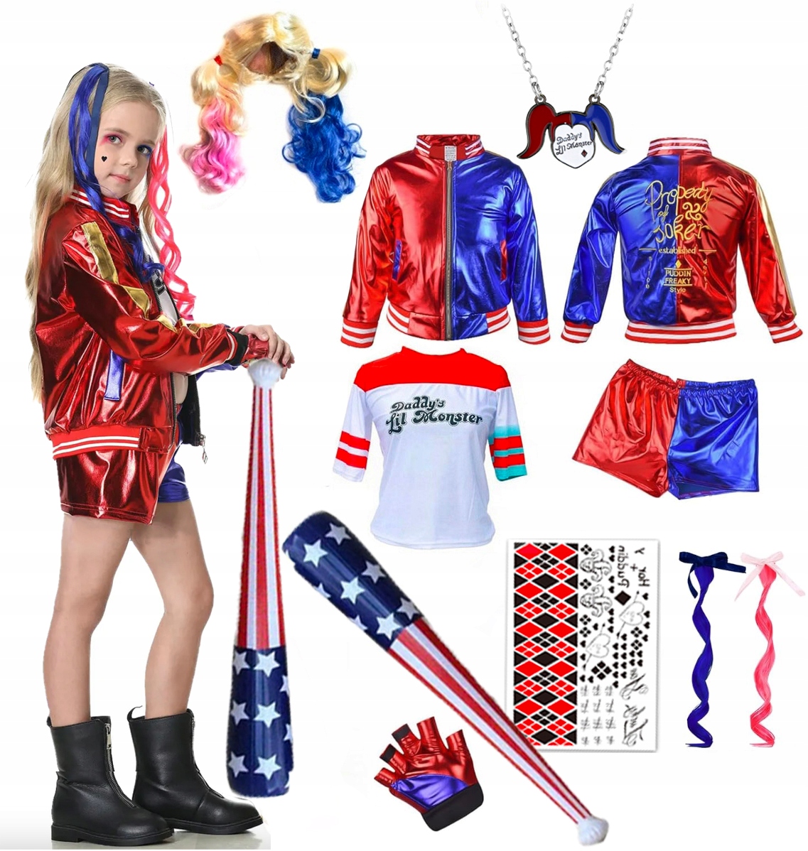 Harley Quinn Strój Peruka Joker Tatuaż Naszyjnik Kij 152/158 balovelove