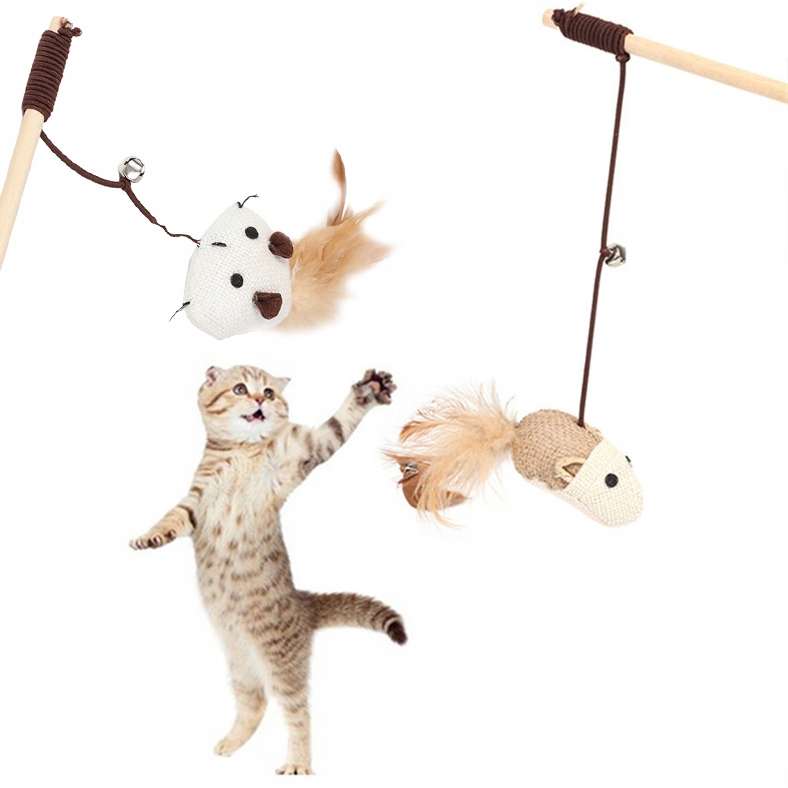 Hračka pro kočky rybářská myš s peřím a zvonkem 40 cm