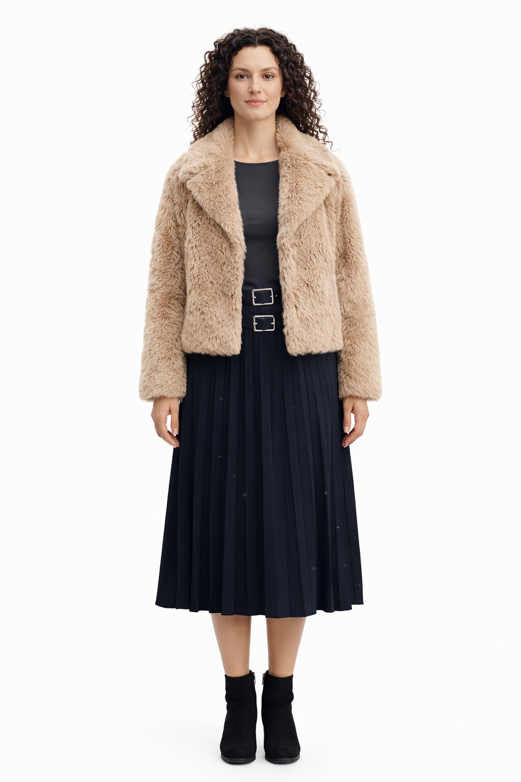 Krémová Krátká Kožešinová Bunda S Velkým Límcem L I3A